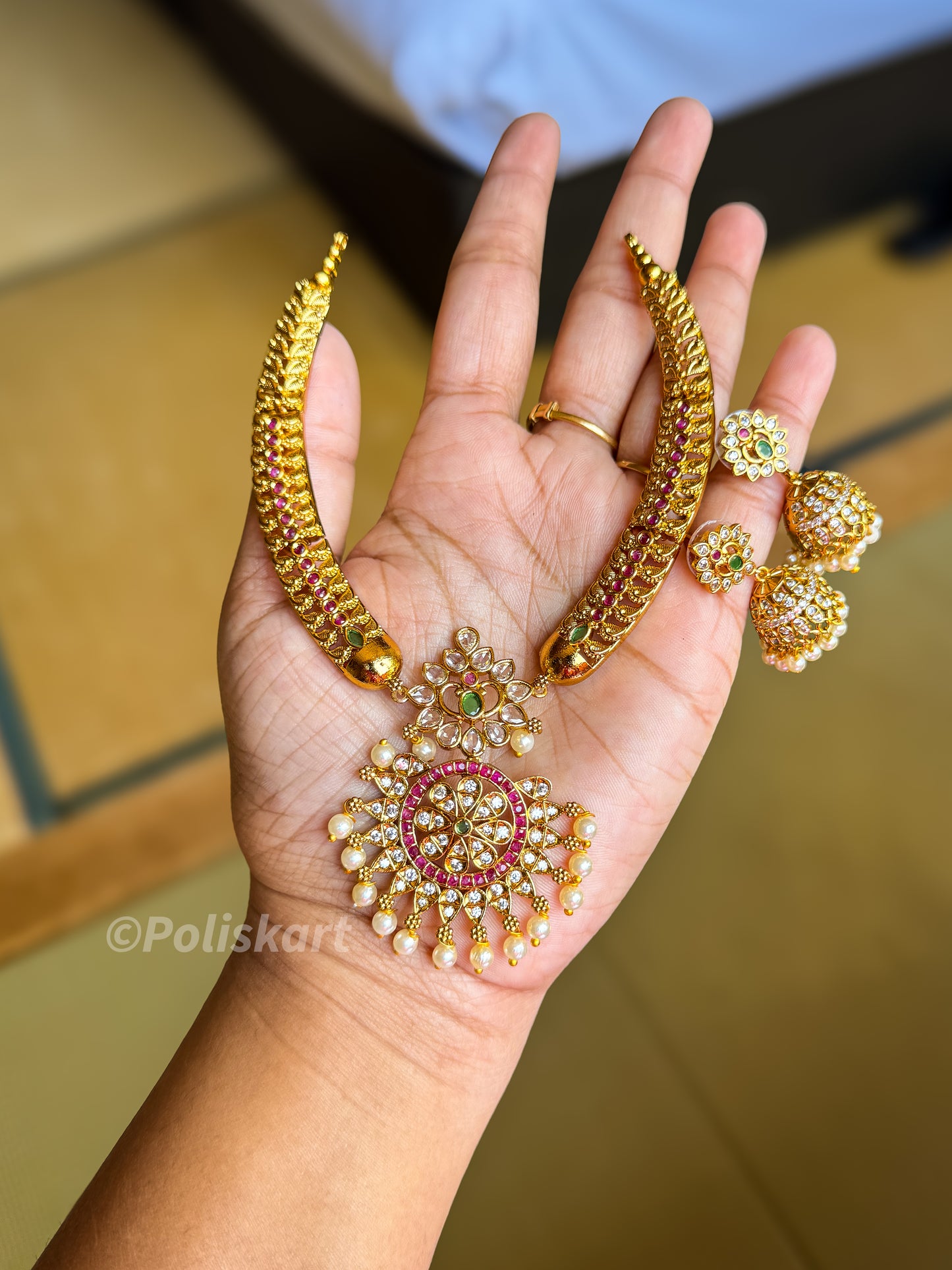 Premium look stone worked attigai with Jhumka set