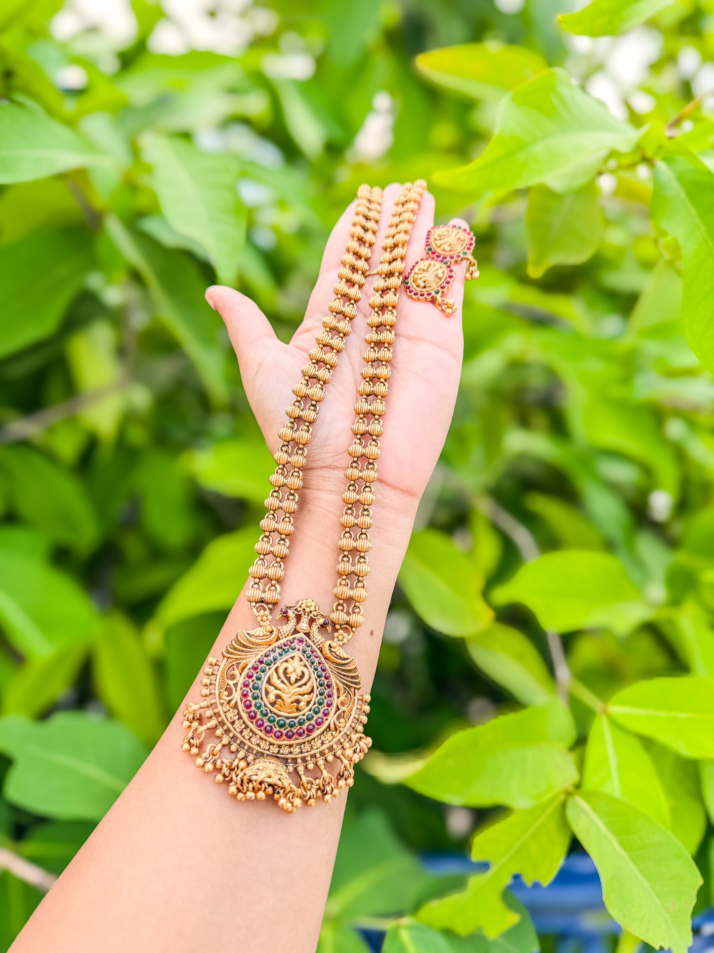 Kerala style stone worked jhumka haram with earring set