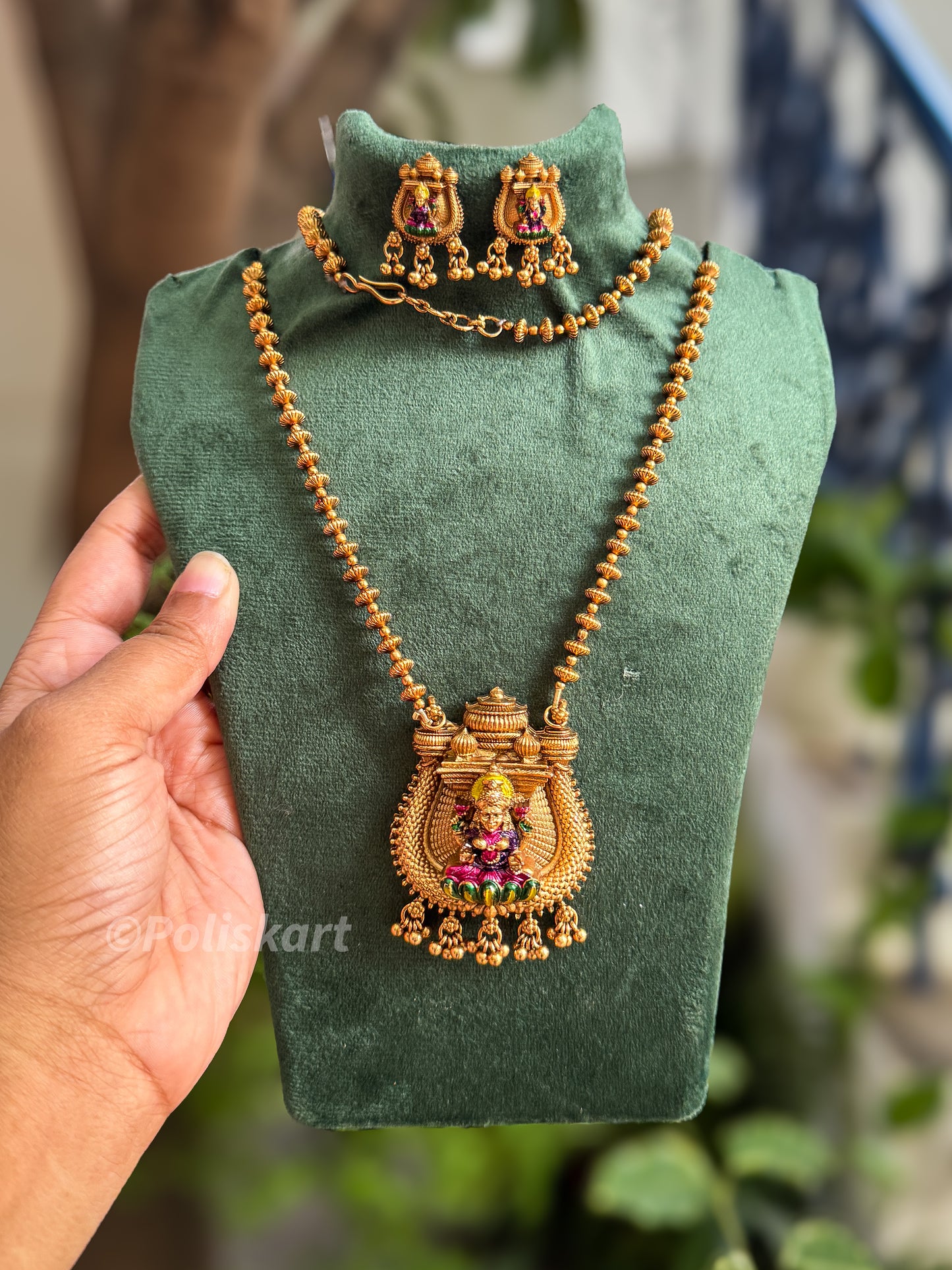 Trending color enamel worked lakshmi pendant with chain and earring set