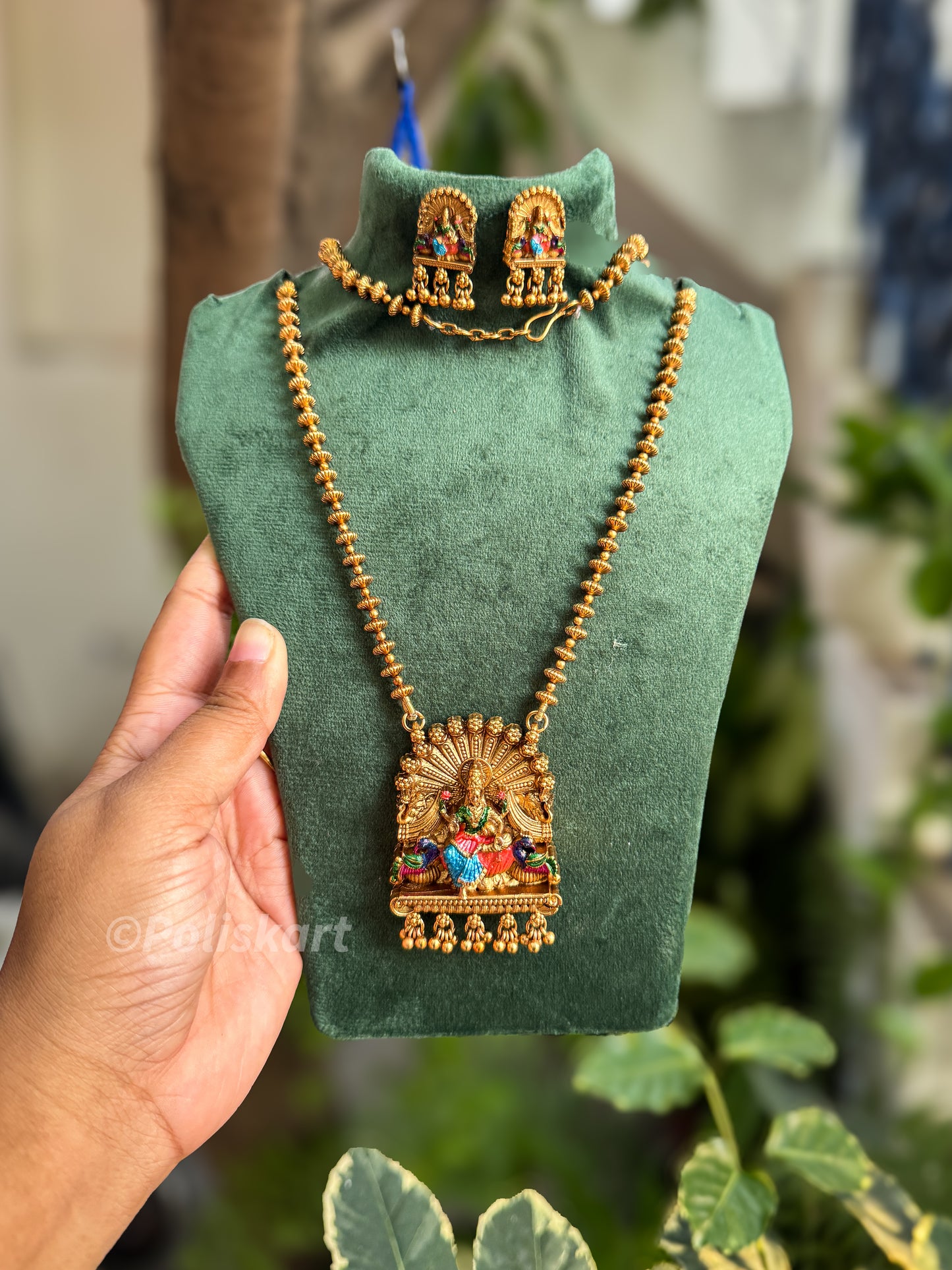 Trending color enamel worked Naga lakshmi pendant with chain and earring set