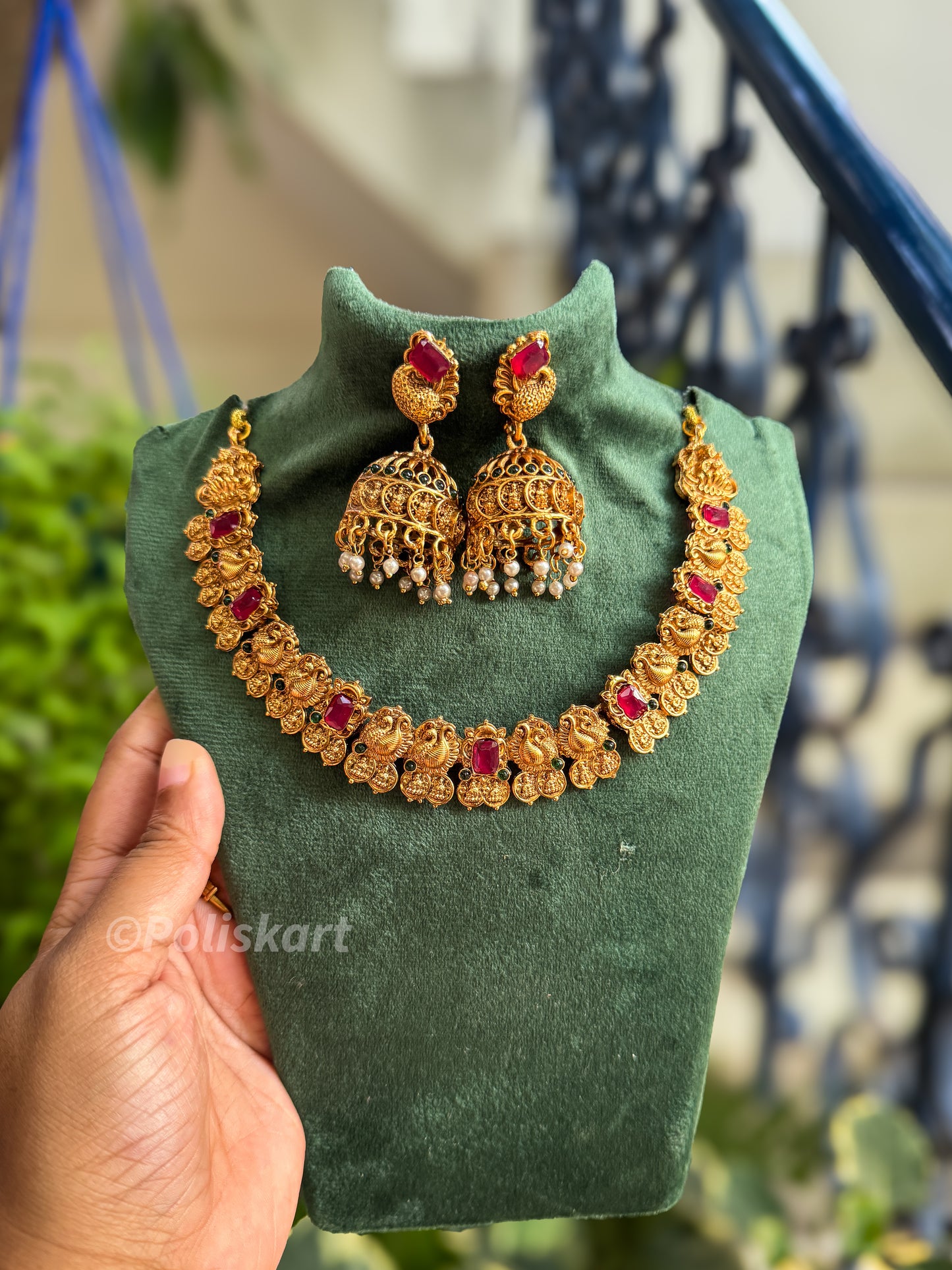 Peacock and rubi stone worked necklace and jhumka set