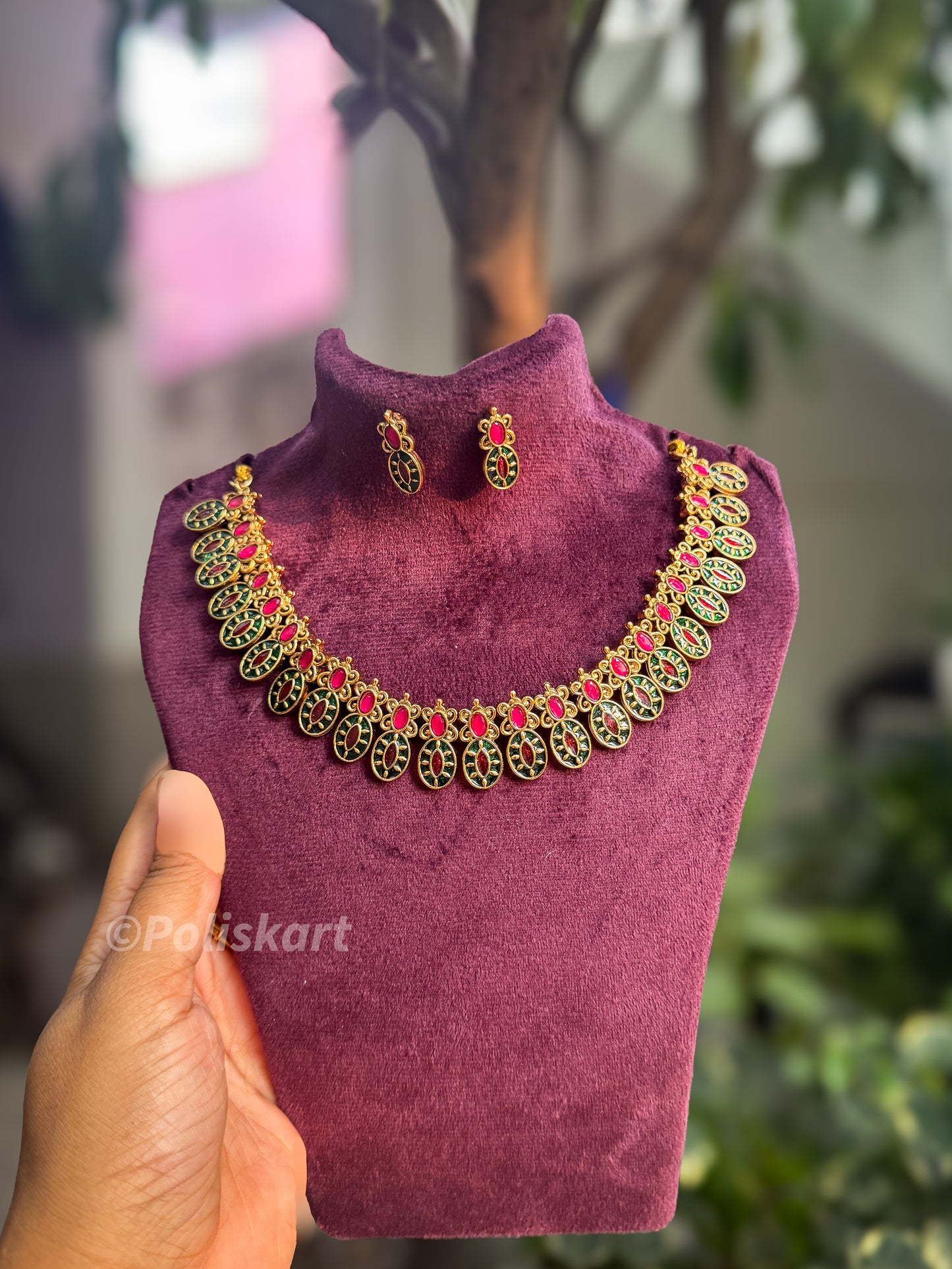 Rubi and green stone worked necklace with earring set