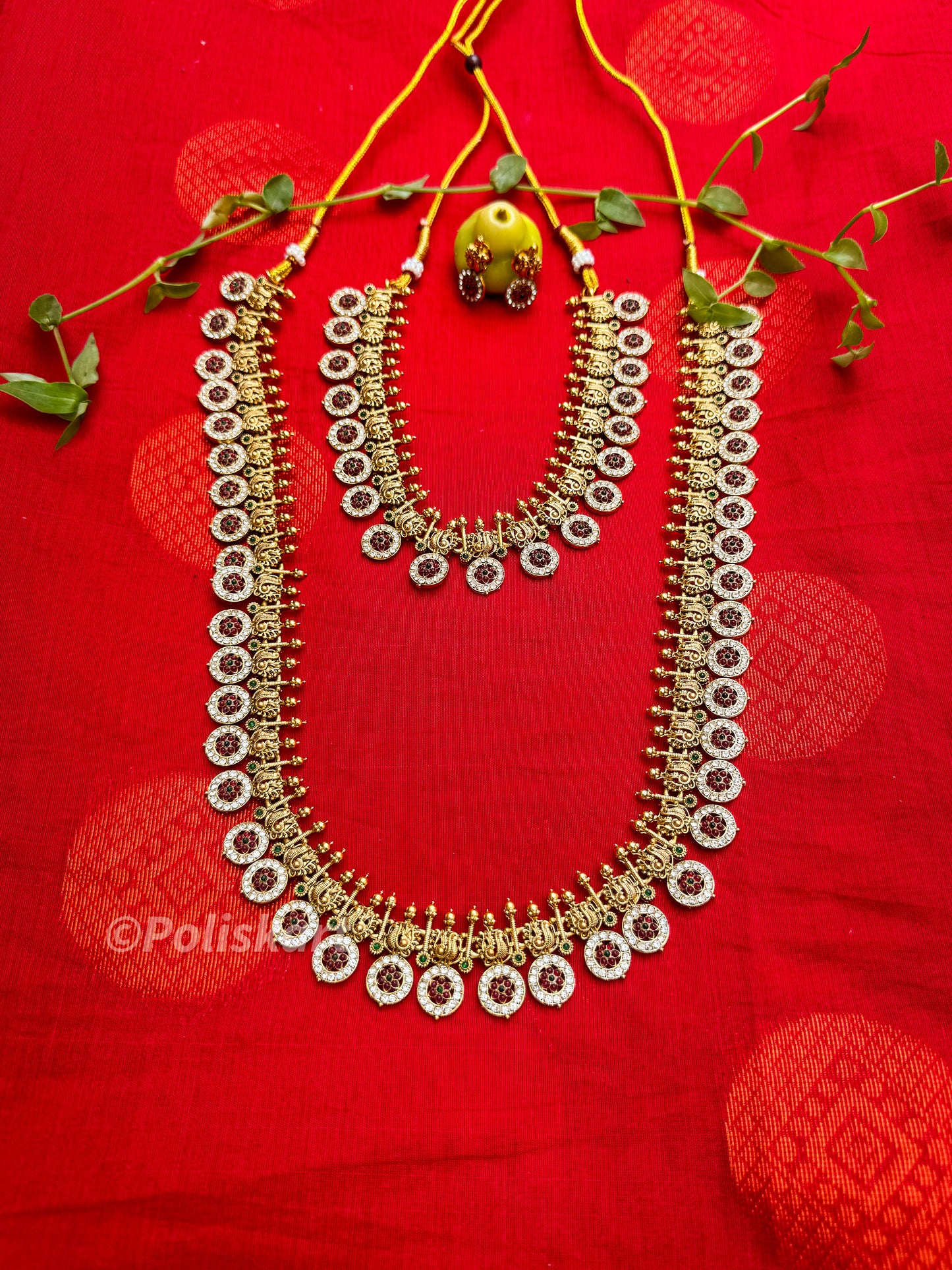 Trending lotus and stone worked necklace and haram set with earring
