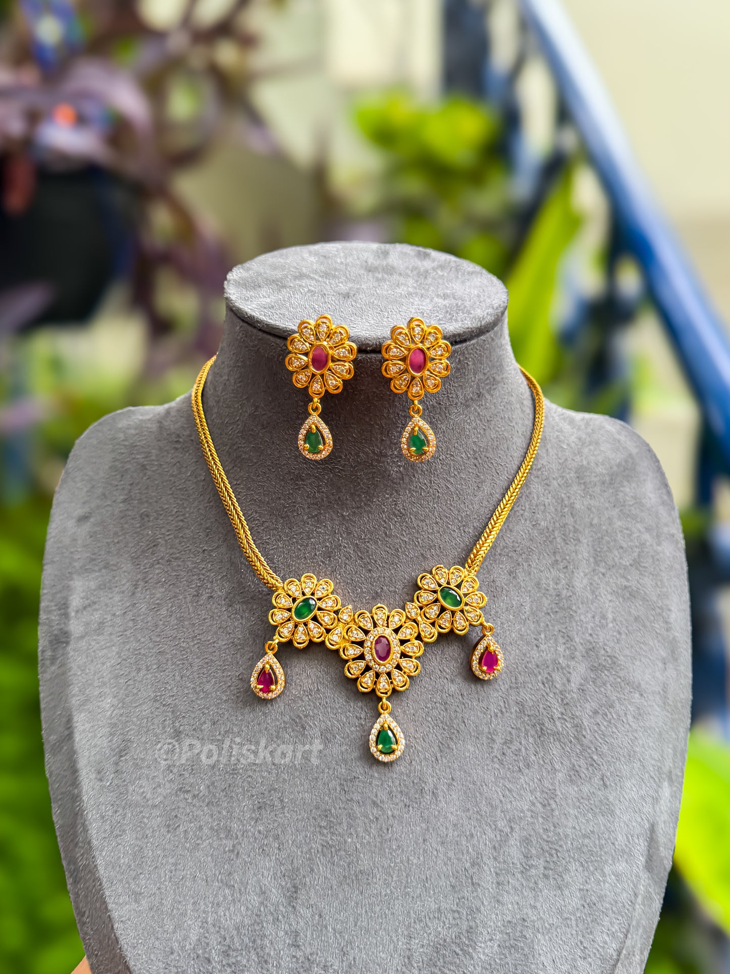 PK102 - Multicolor stone worked flower attigai with earring set