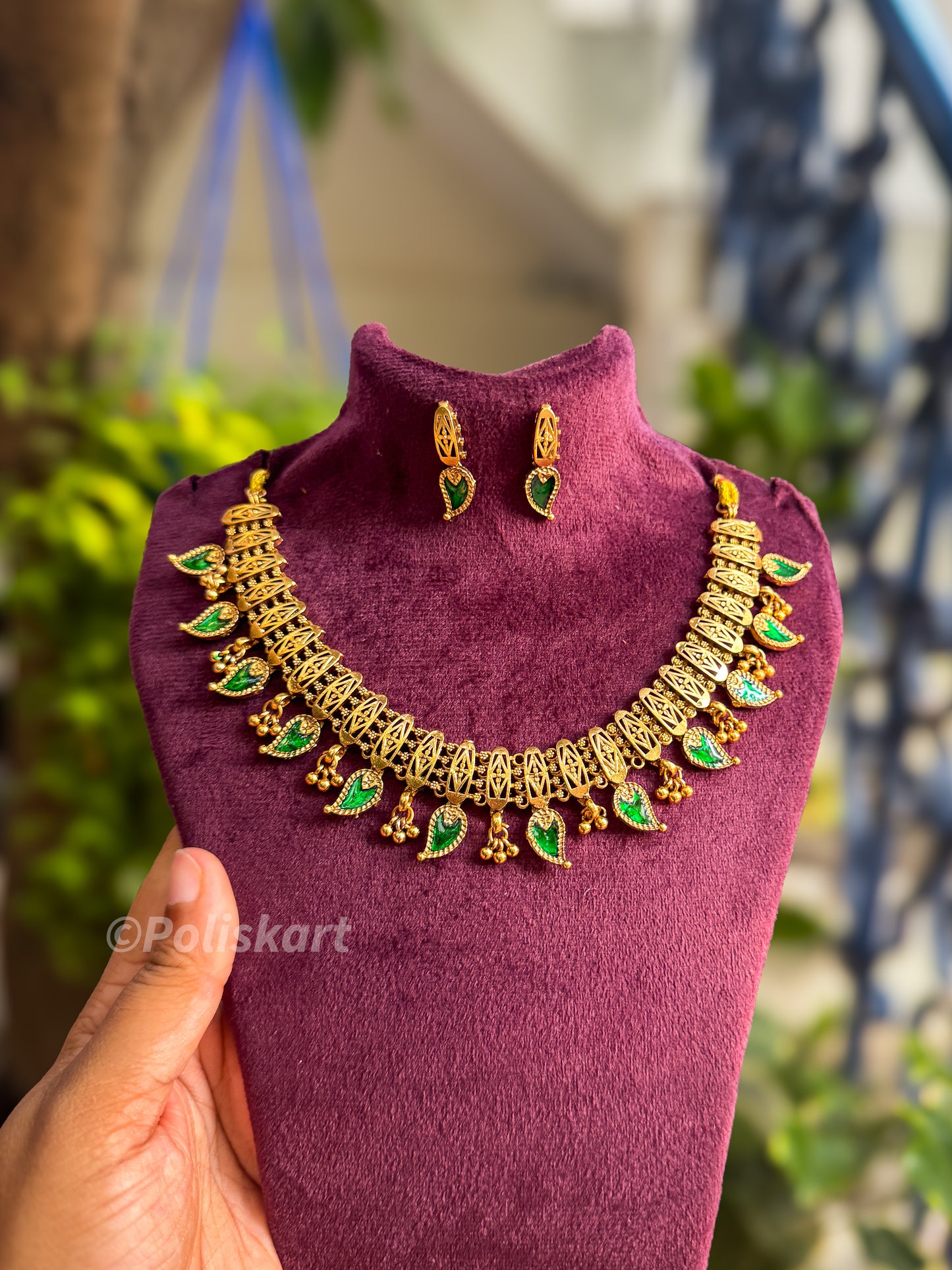 Green palakka worked fusion necklace with earring set