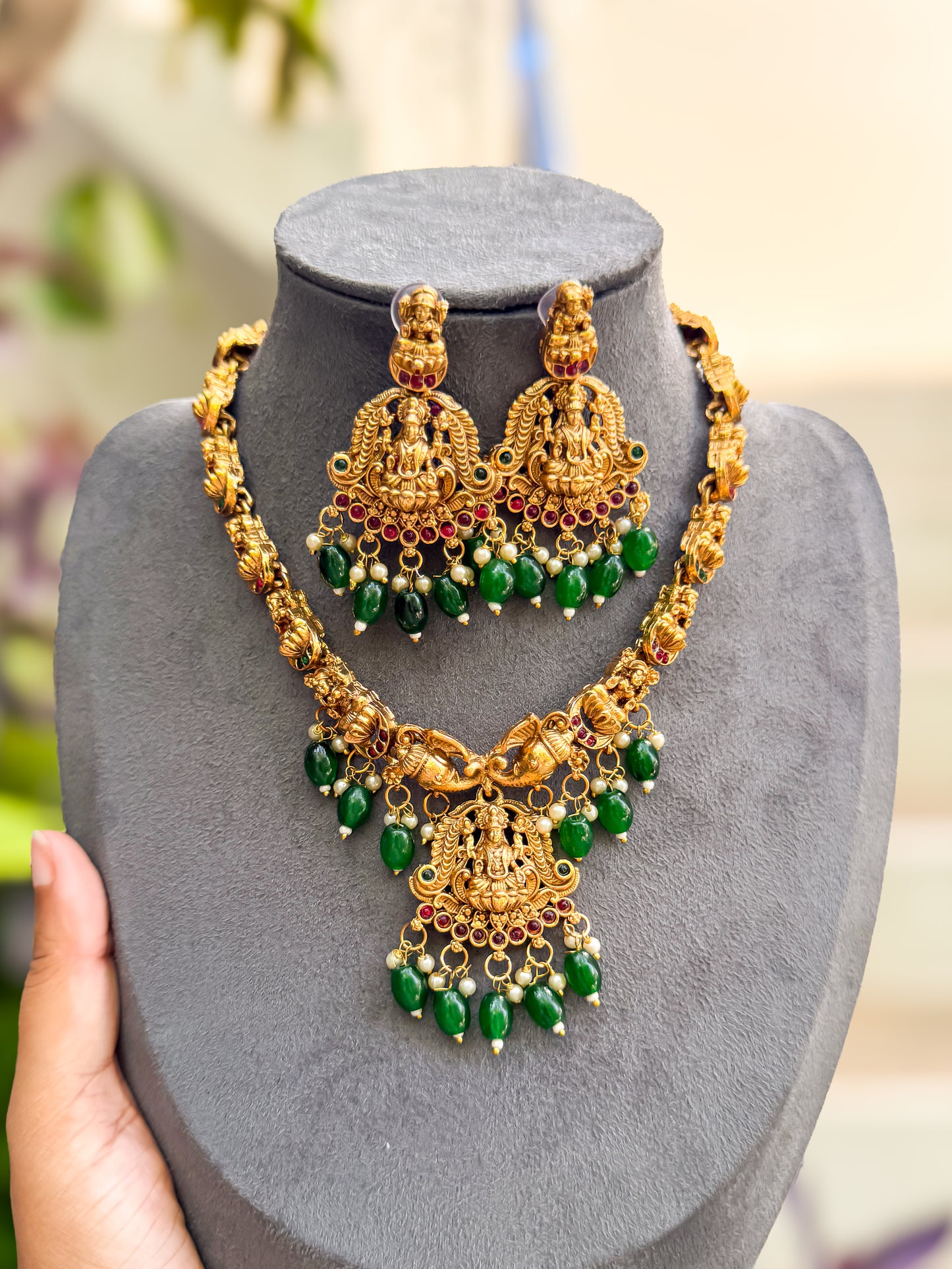 PK108 - Green Pearl worked lakshmi necklace with earring set