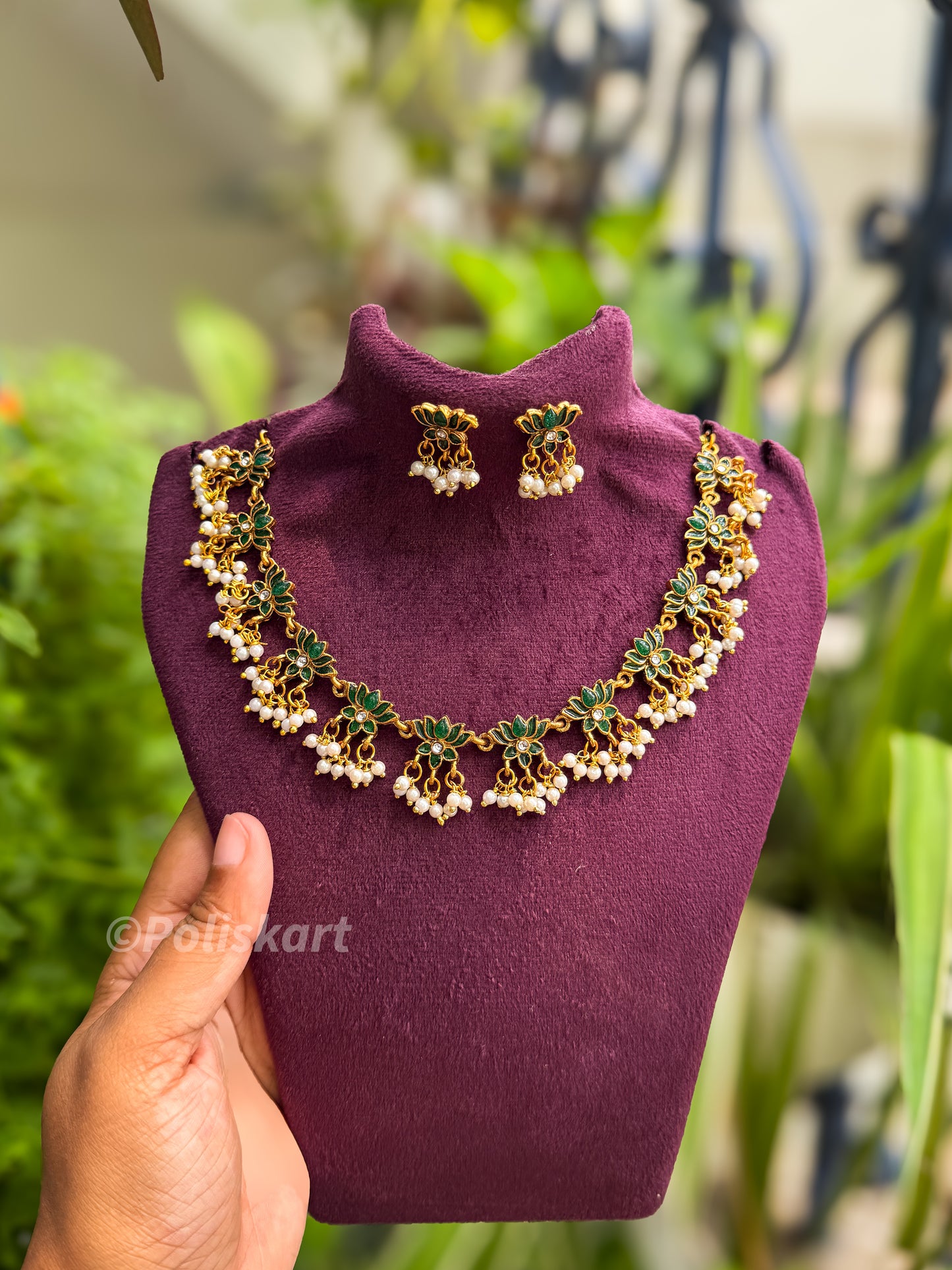 Trending lotus and pearl worked necklace and earring set