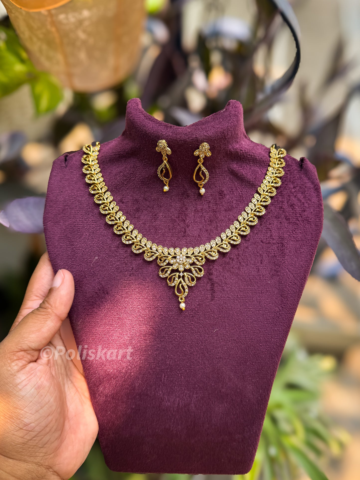 Diamond finished white stone necklace with earring set