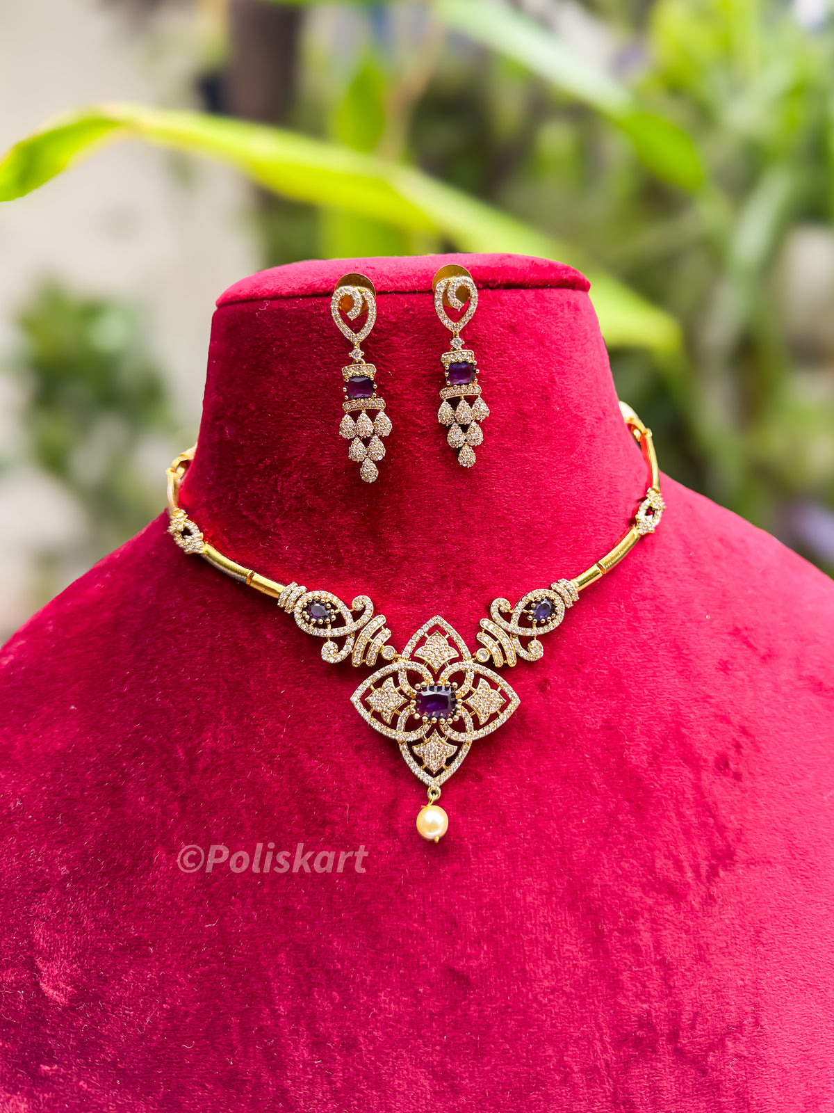 PK179 - Purple stone worked necklace with Earring