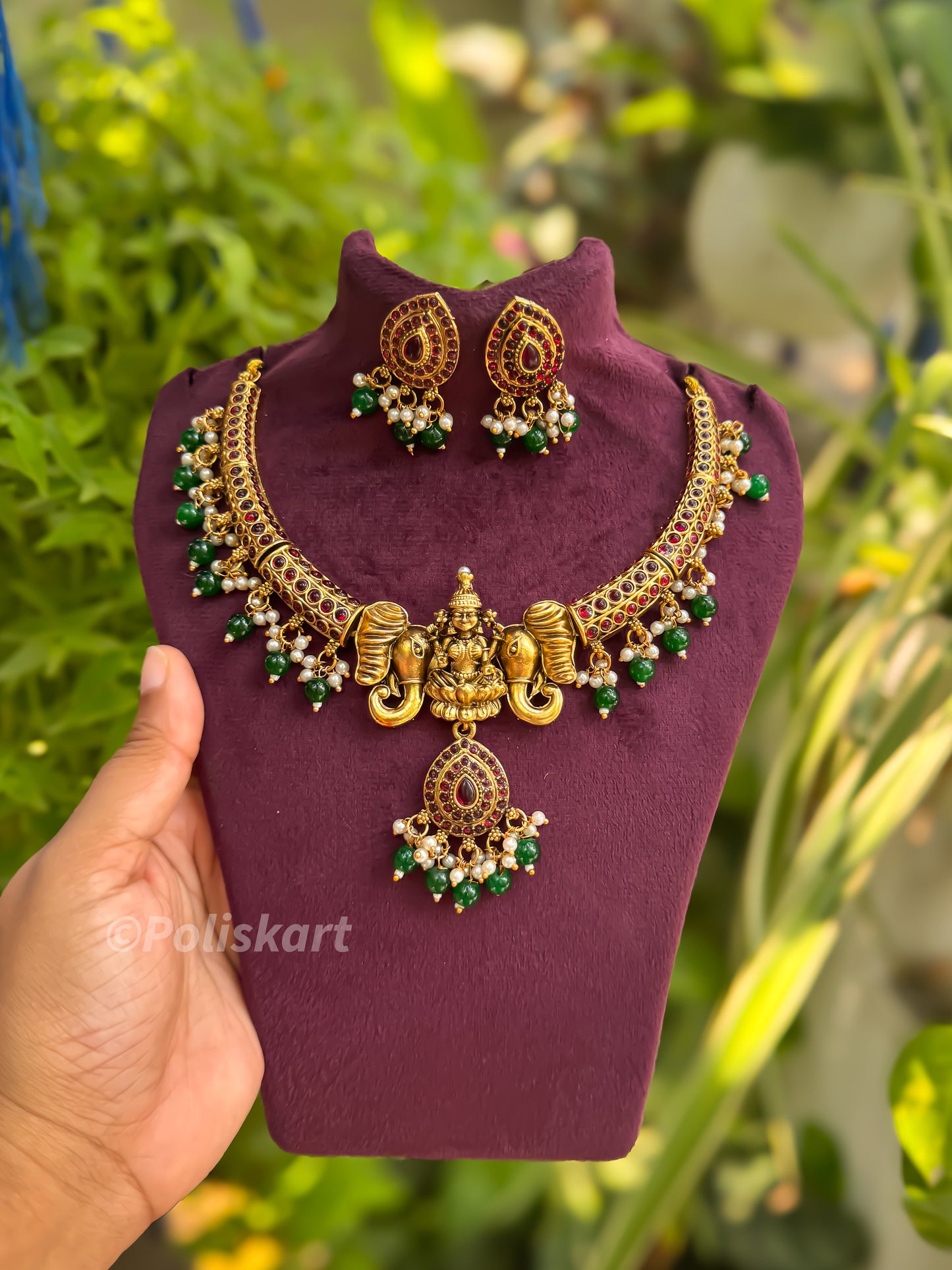 Antique finish elephant designed necklace with earring set