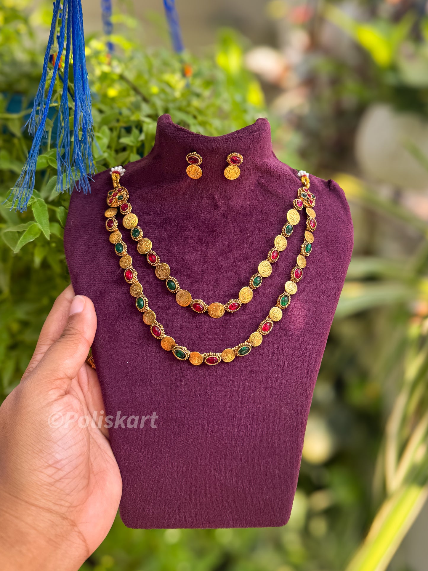 Double layer Green and rubi stone worked necklace with earring set