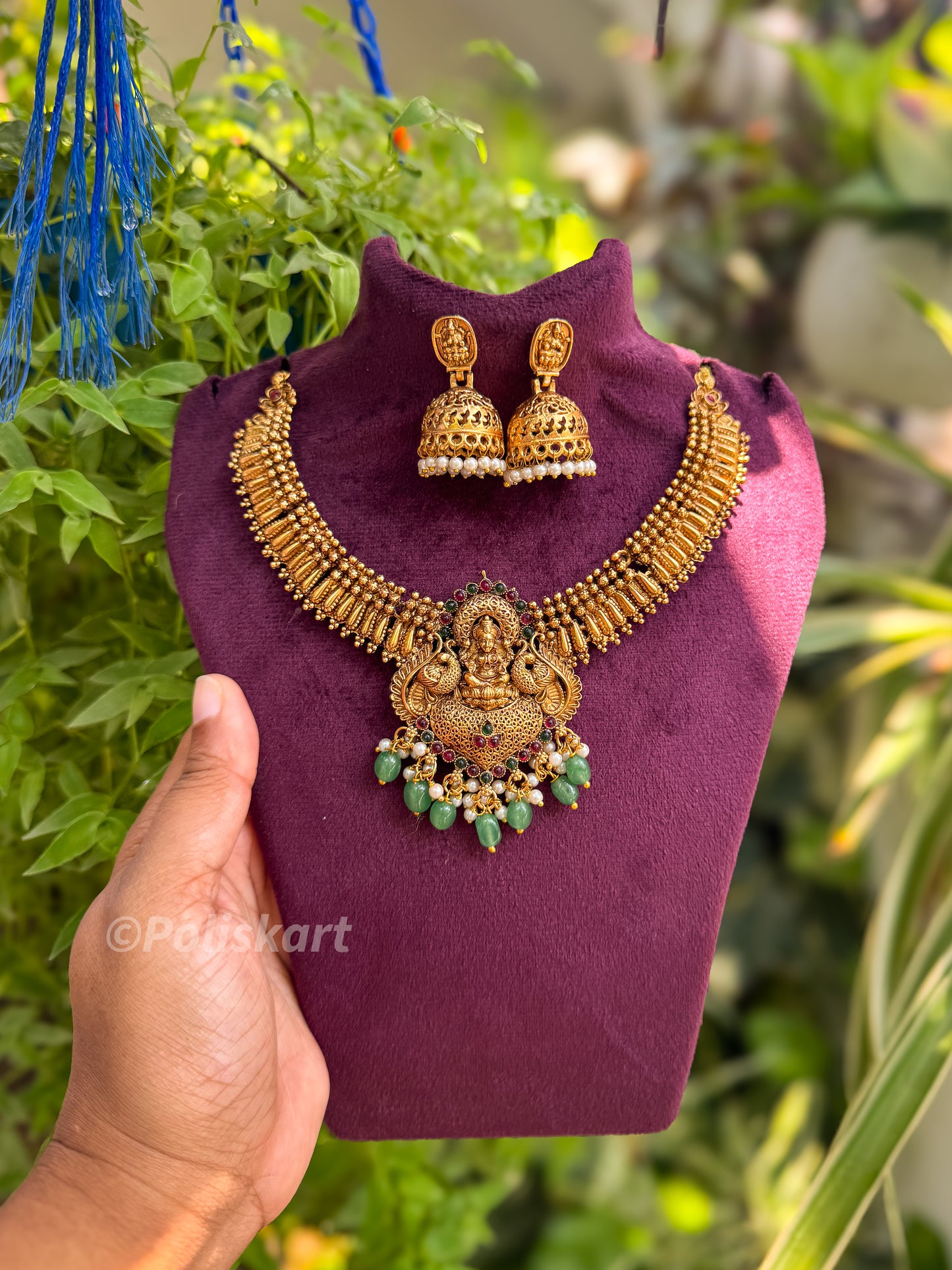 Emerald stone worked Lakshmi necklace with Jhumka set