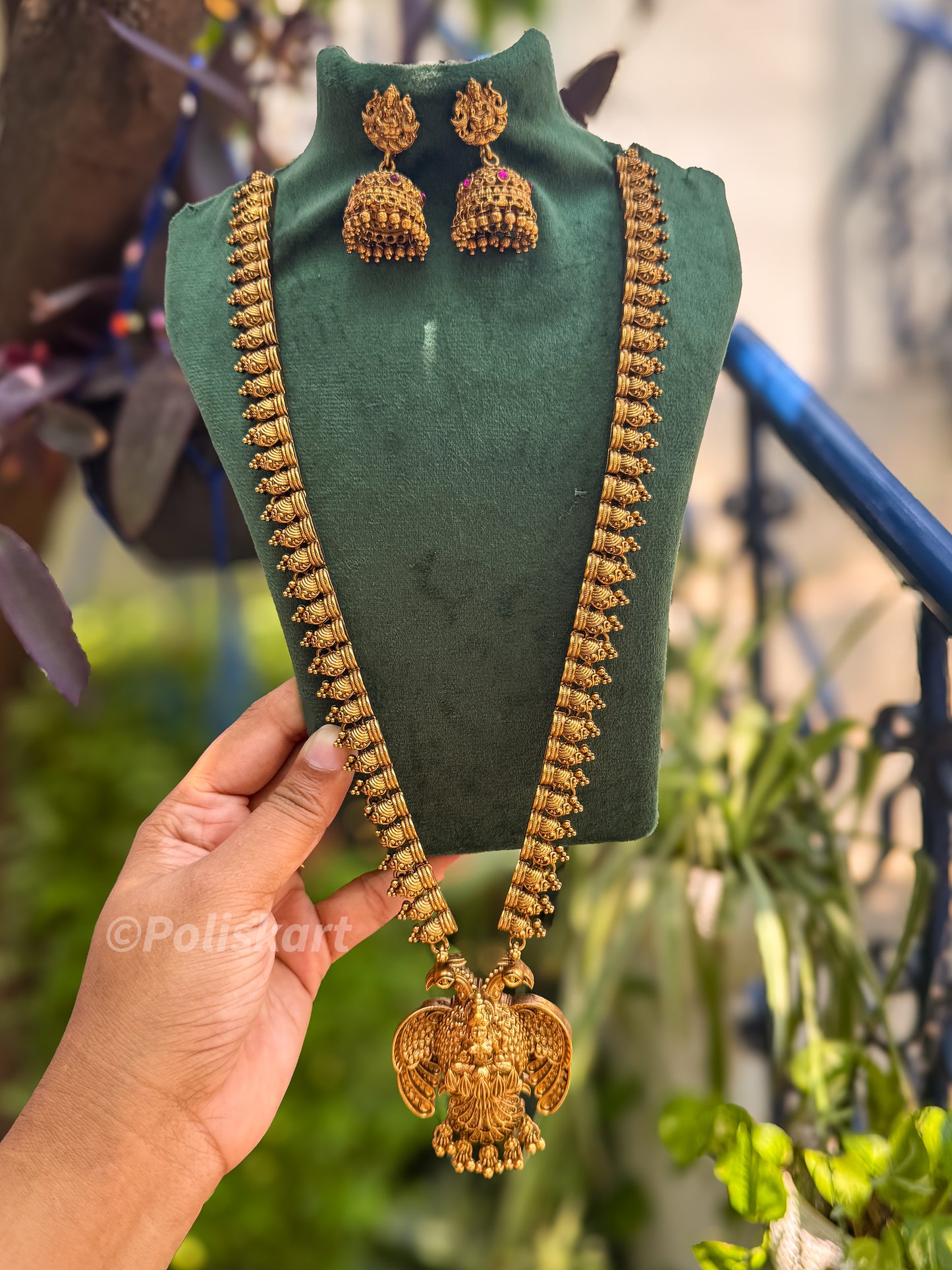Haram with Peacock designed pendant and jhumka set
