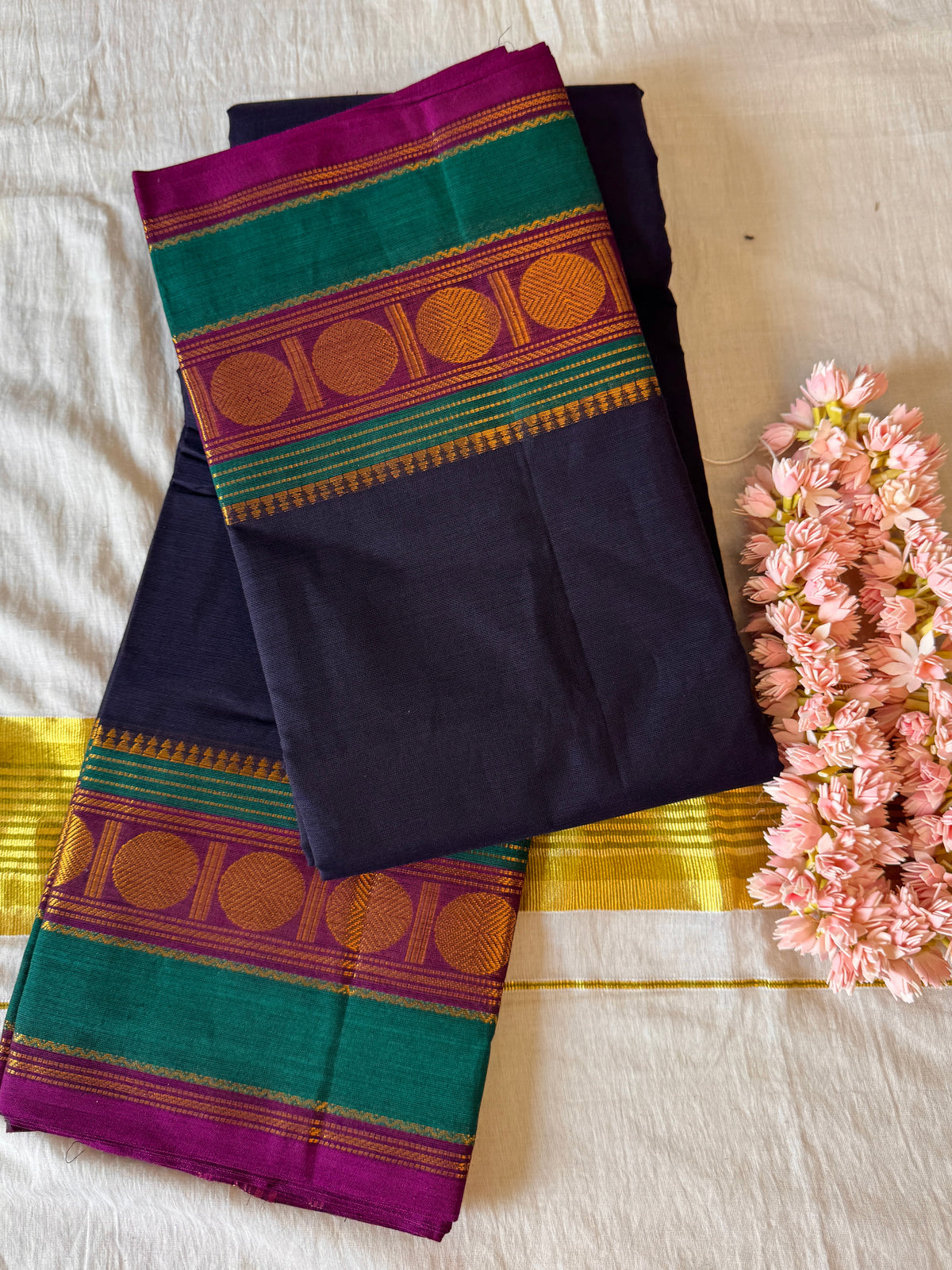 PK200 - Original Trending kanchi cotton Saree - Dark Blue color with blouse