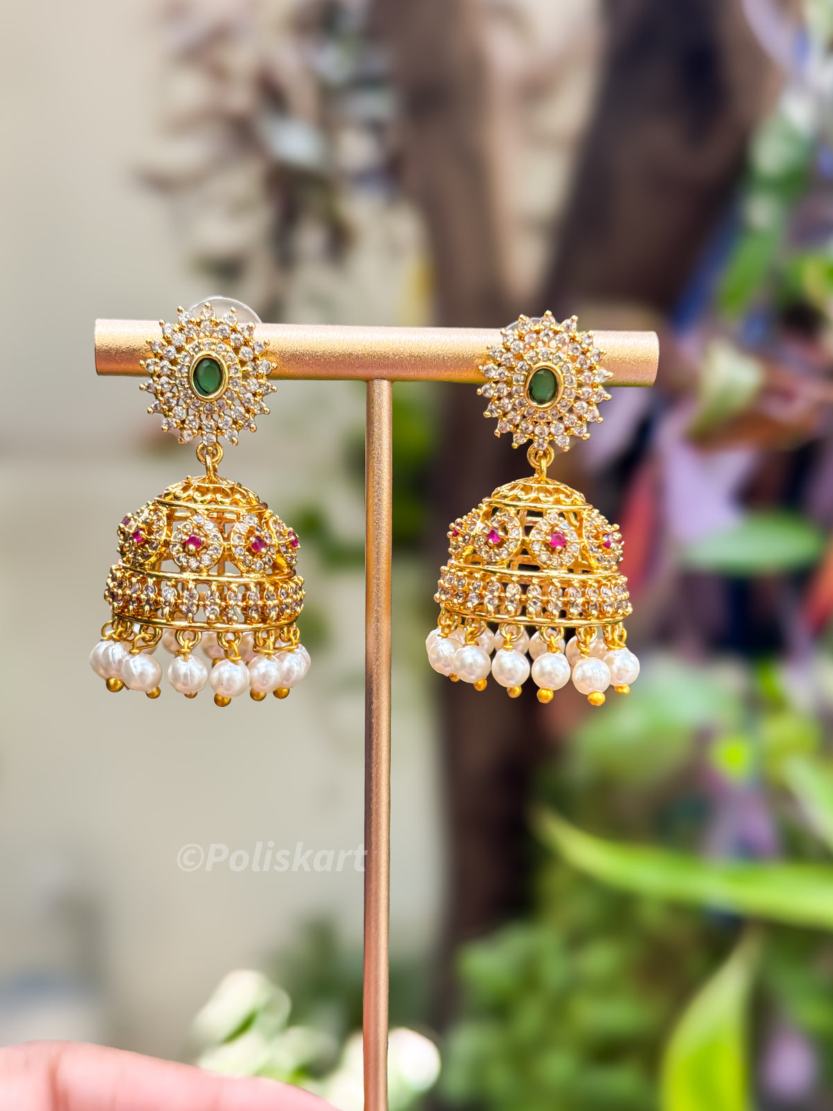 PK213 - Diamond finished jhumka set - flower design