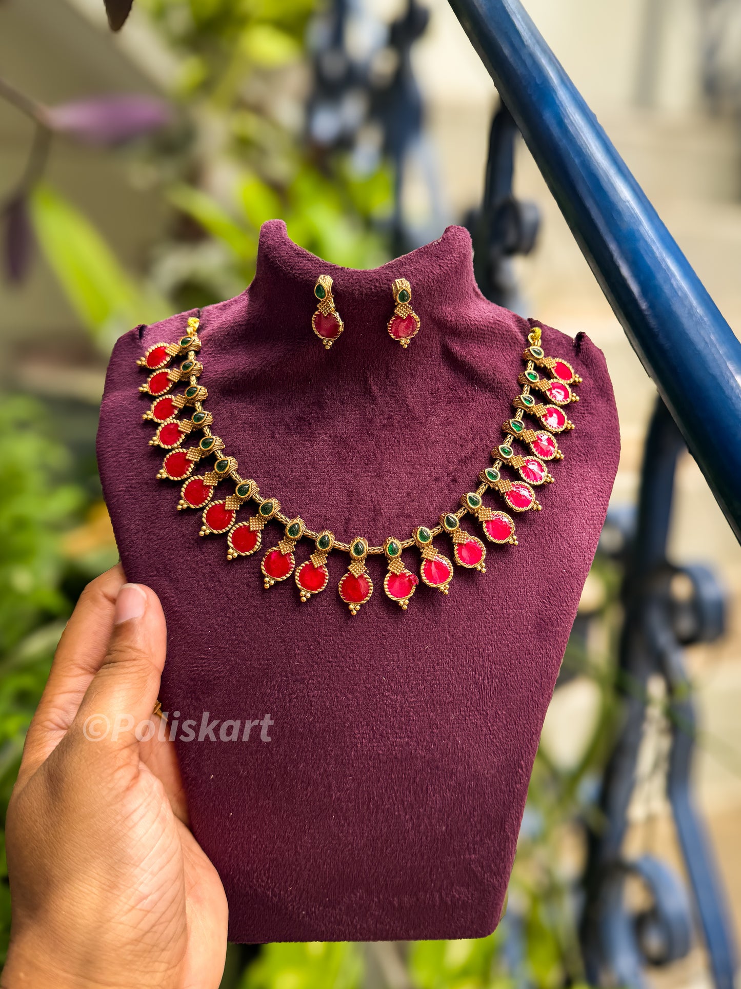 Pinkish Red palakka designed necklace with earring set