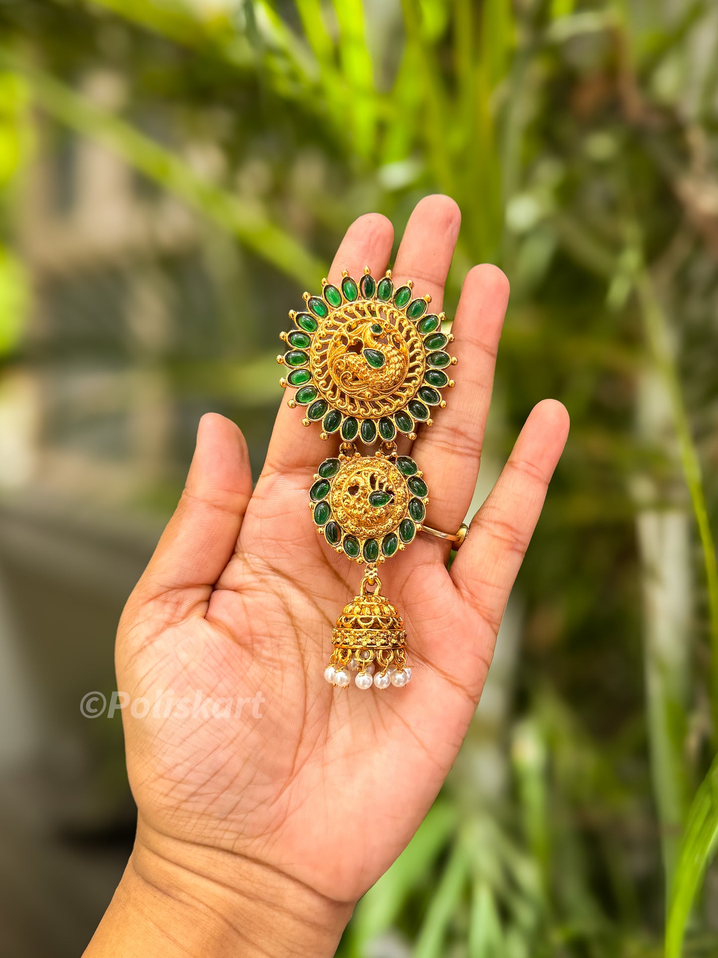 Antique hair brooch - peacock stone worked design
