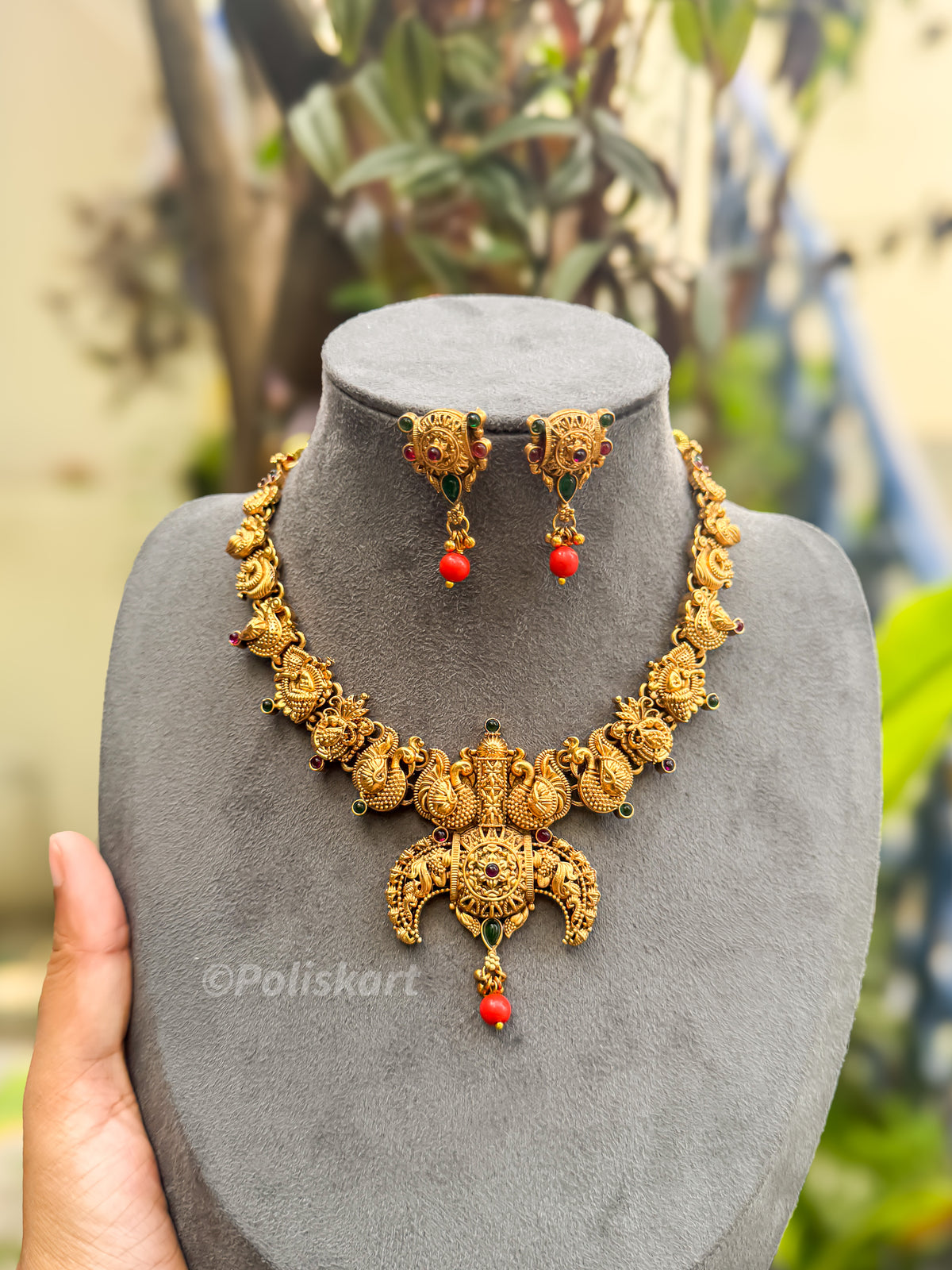 PK221 - Orange beads Lakshmi peacock necklace with earring