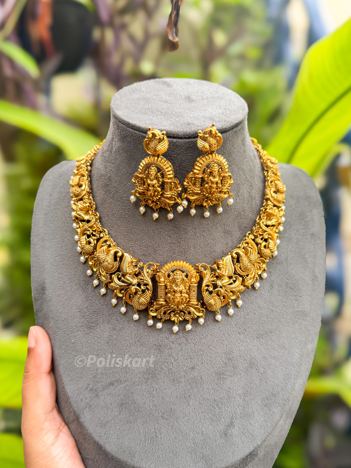 PK220 - Pearl worked Lakshmi peacock necklace with earring