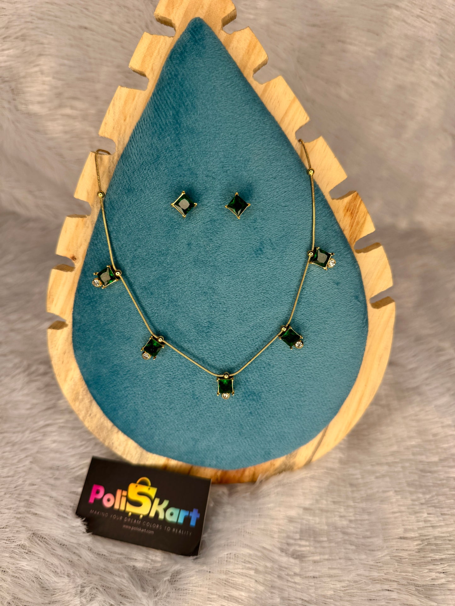 Green square stone worked neck piece with earing set