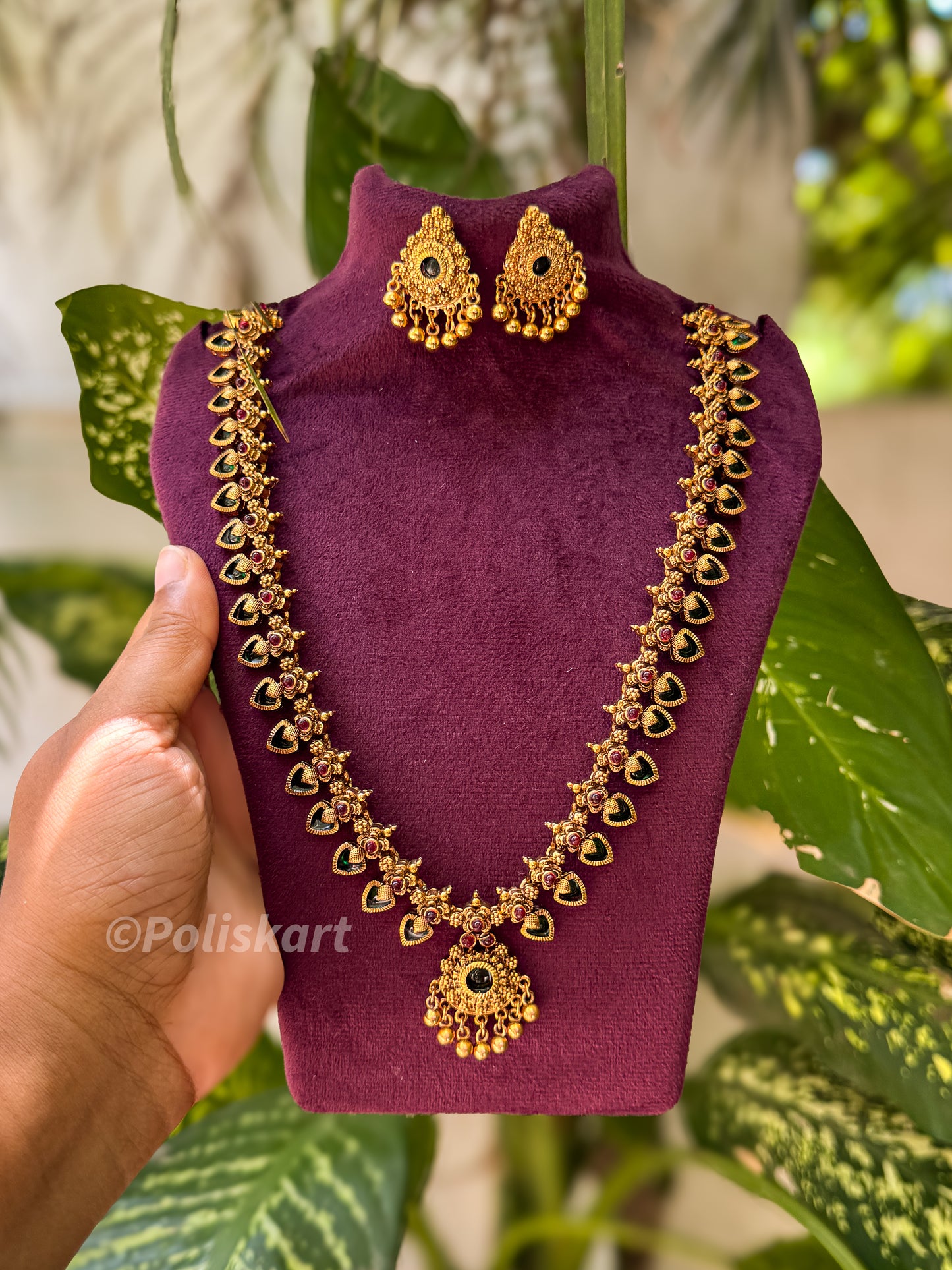 Trending Kerala style Palakka long necklace and earring set