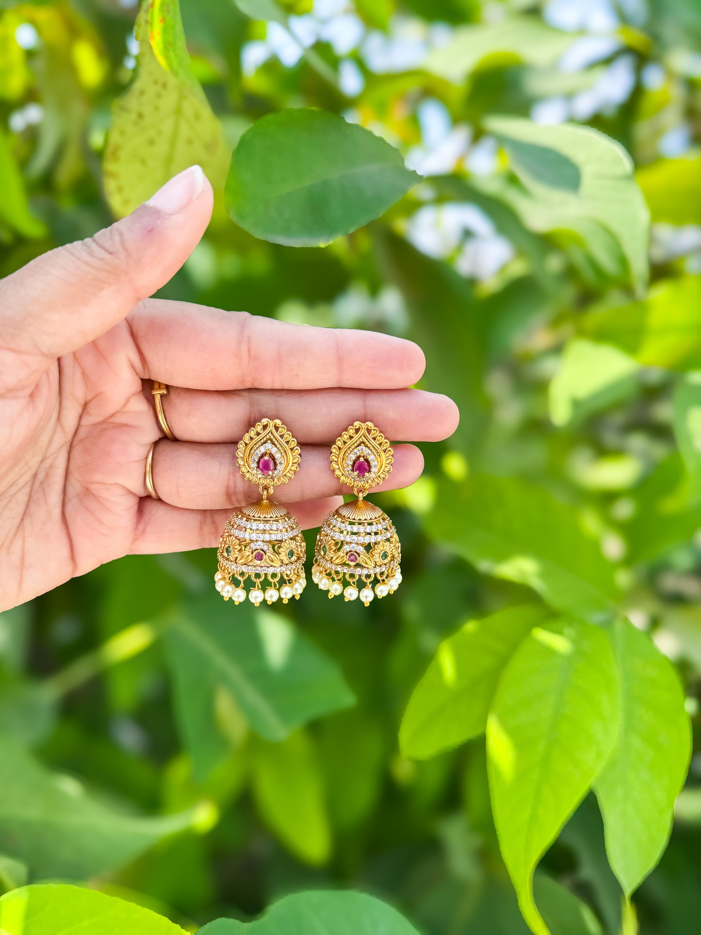 Premium Rubi stone worked Jhumka set
