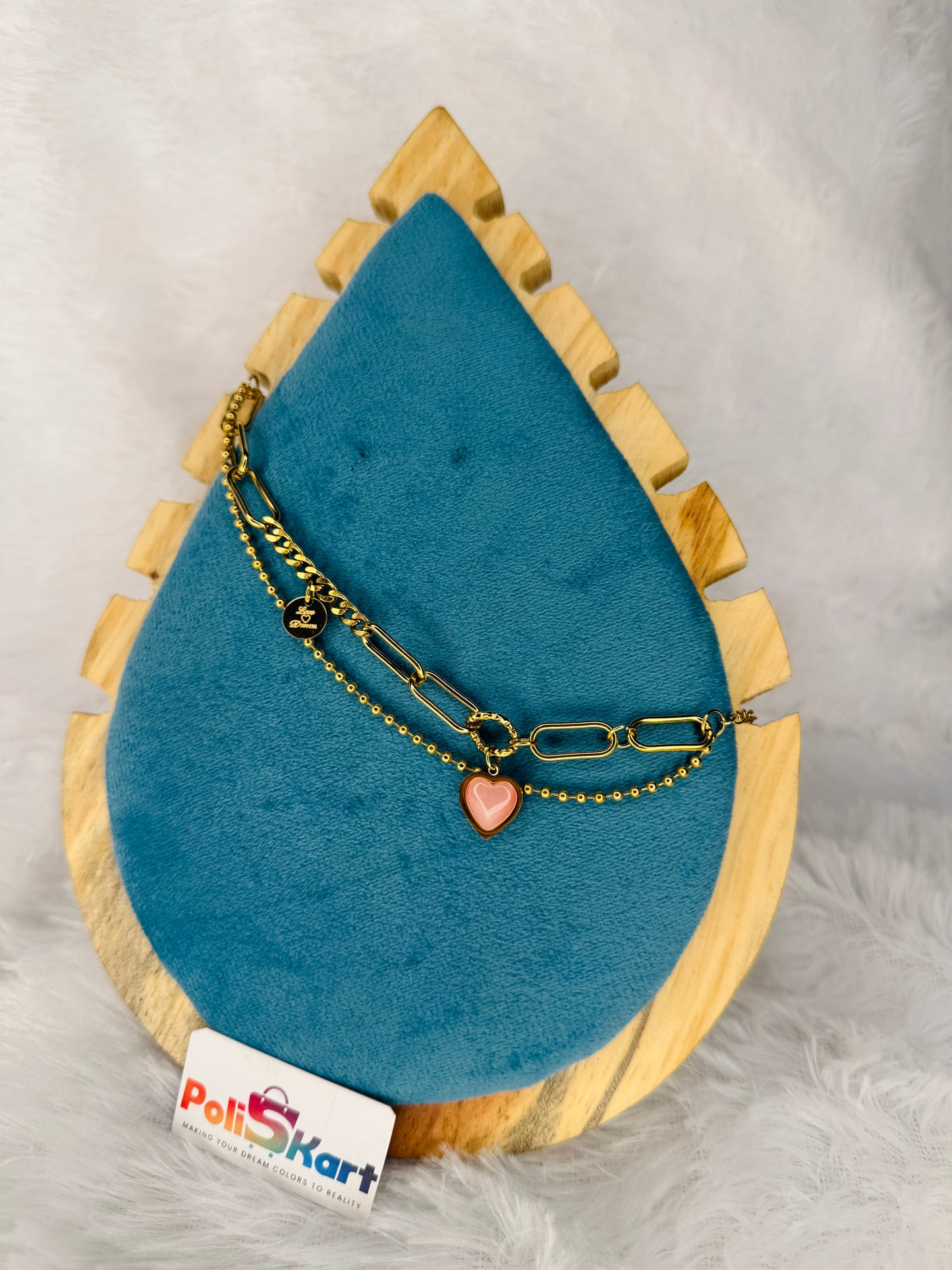 Bracelet - hanging pink heart and stone design