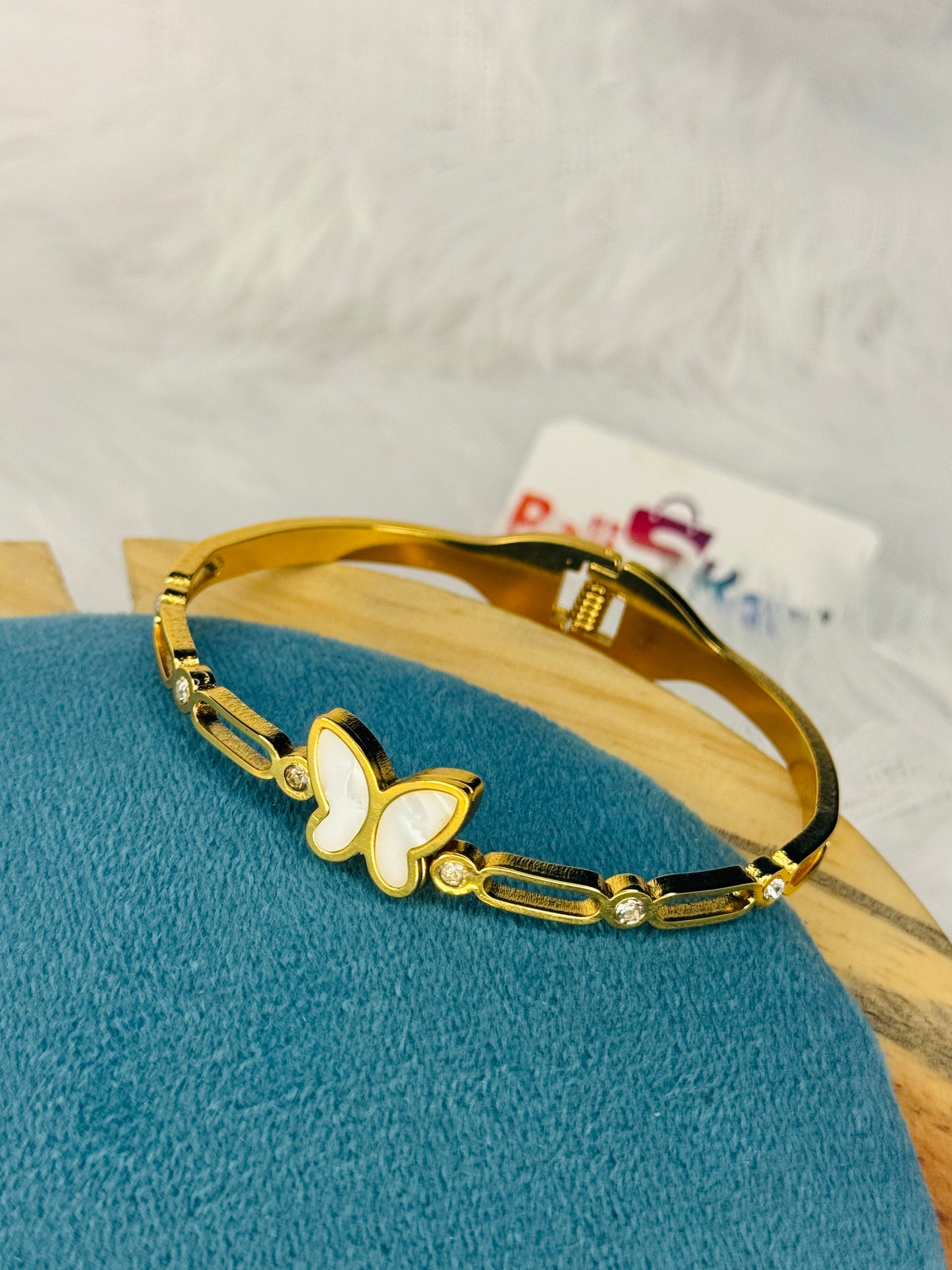Free size cuff bangle - White butterfly design