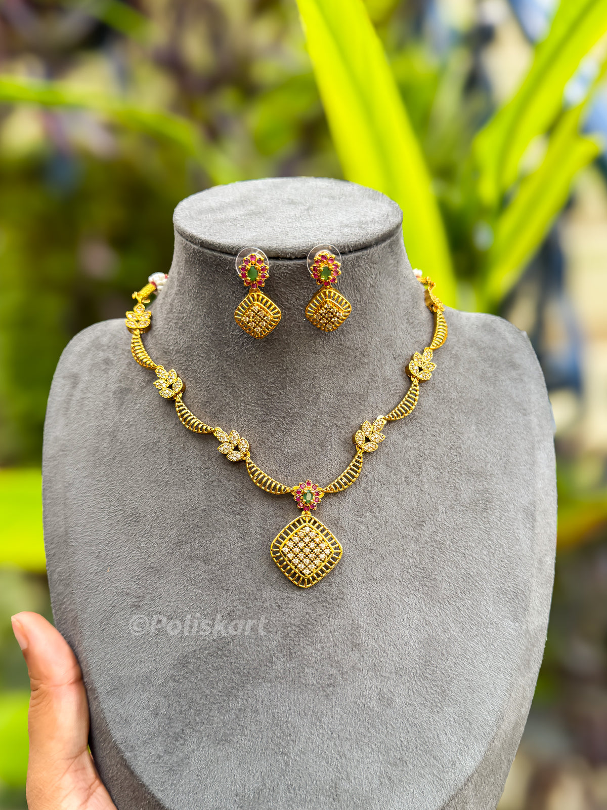 PK250 - Diamond finished multi stone worked necklace and earring set