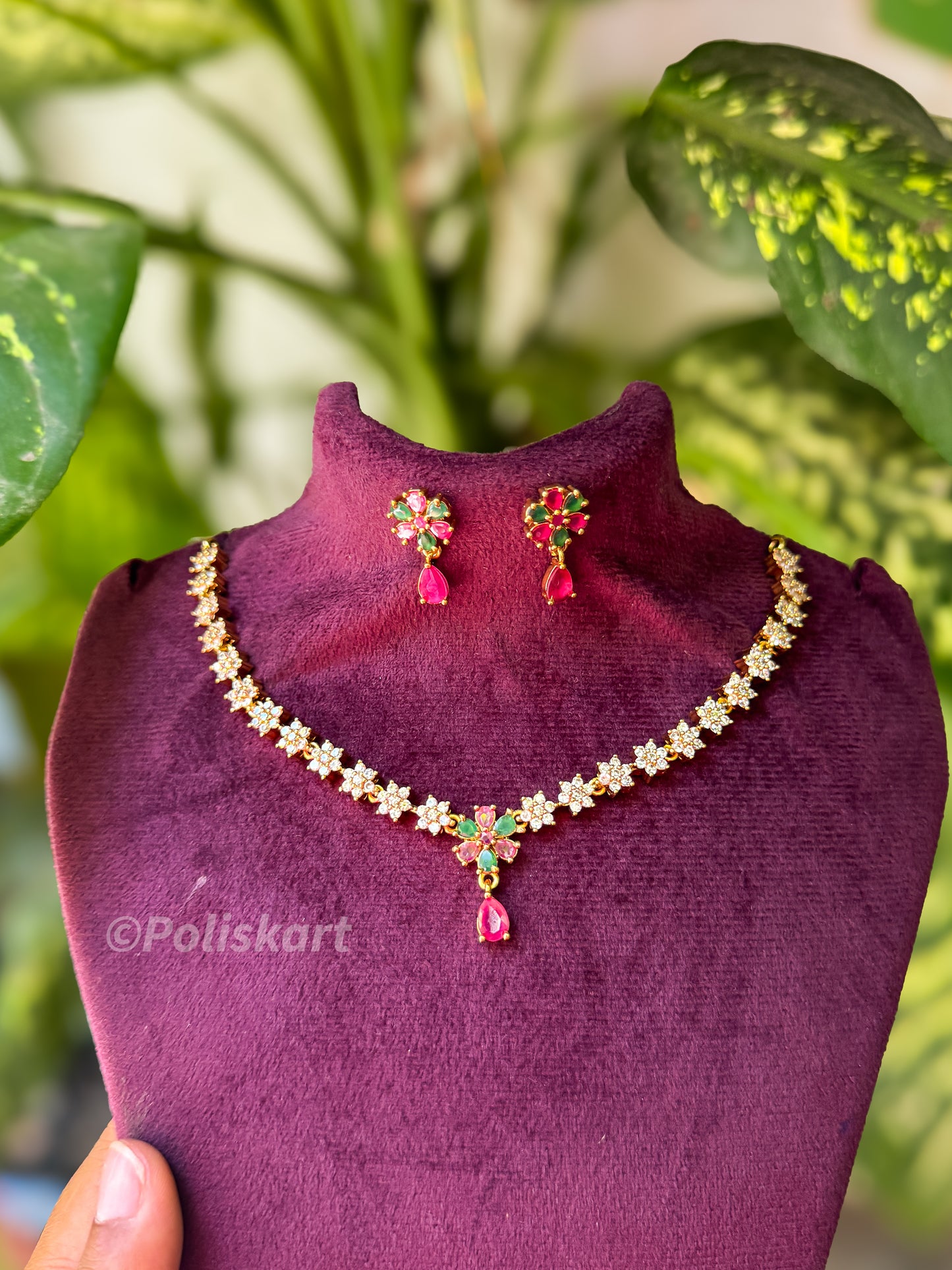 Diamond finished ruby and green flower stone necklace