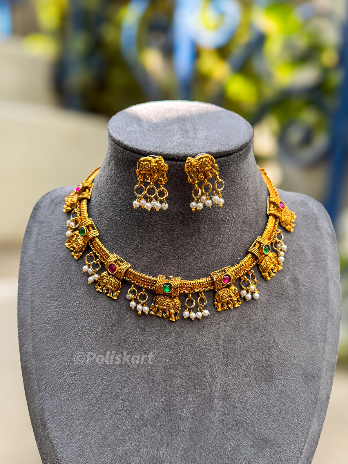 PK257 - Trending elephant and pearl worked necklace with earring set