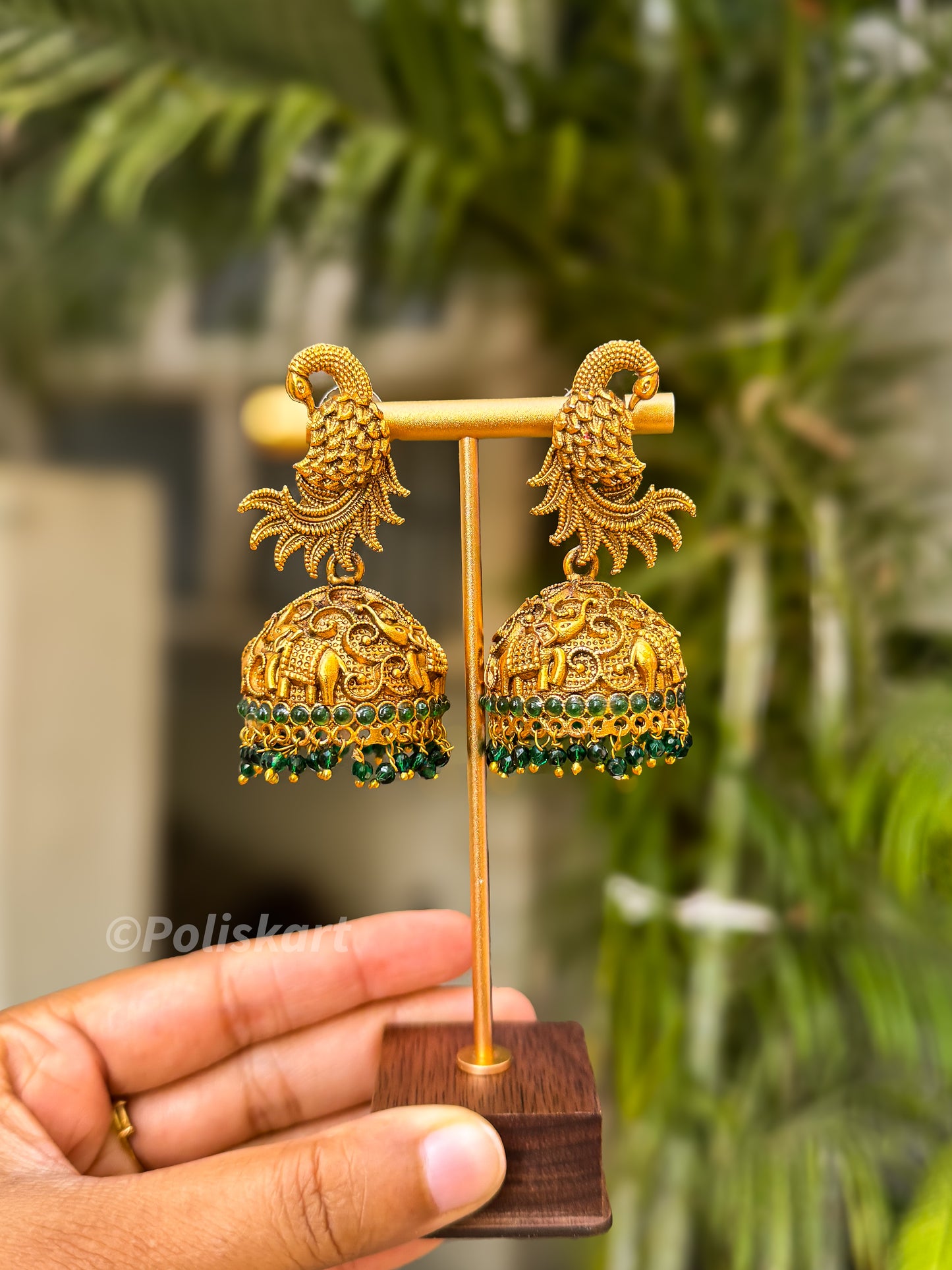 Green stoner worked Elephant and peacock design jhumka set