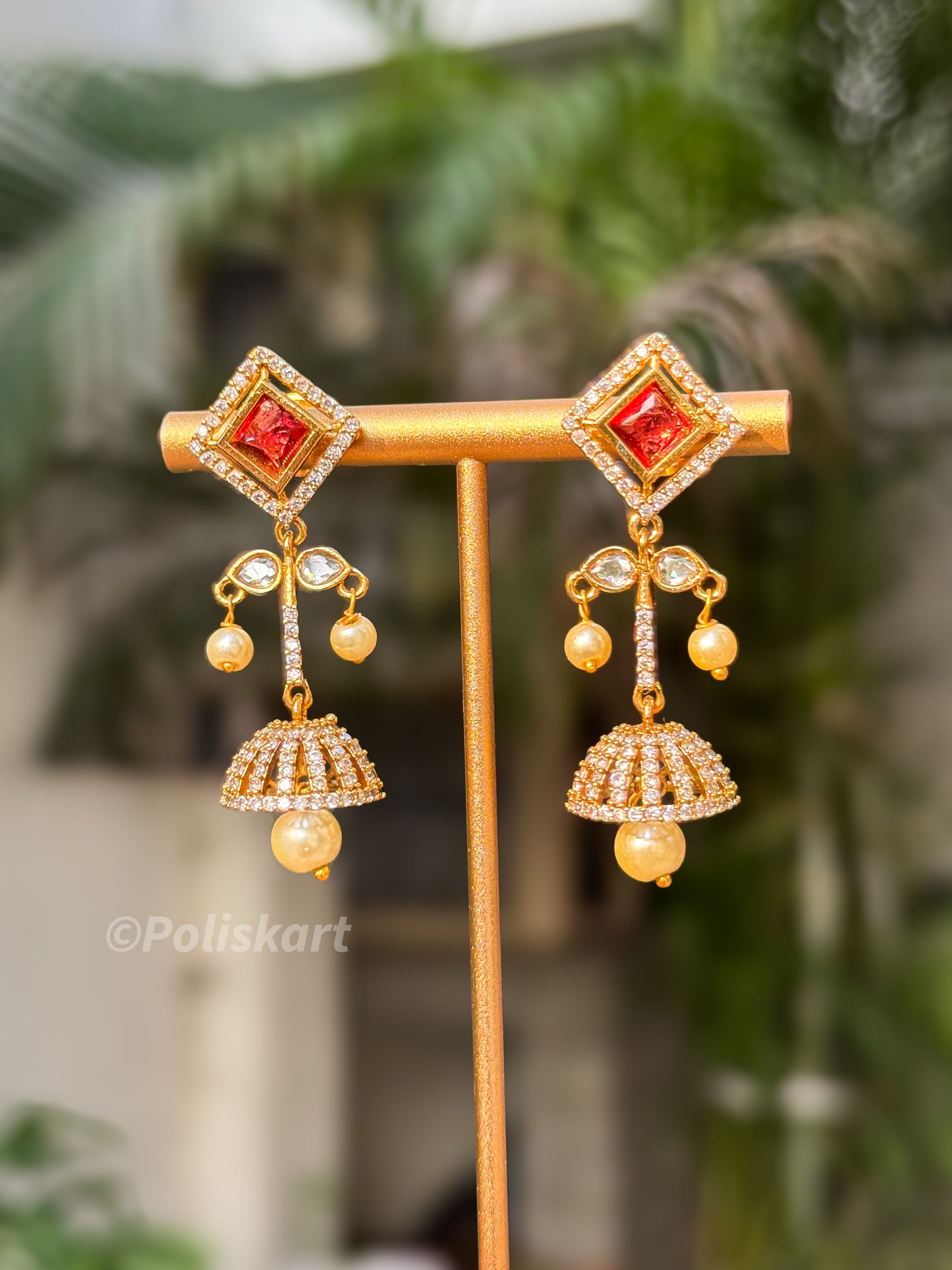 White and ruby hanging jhumka set