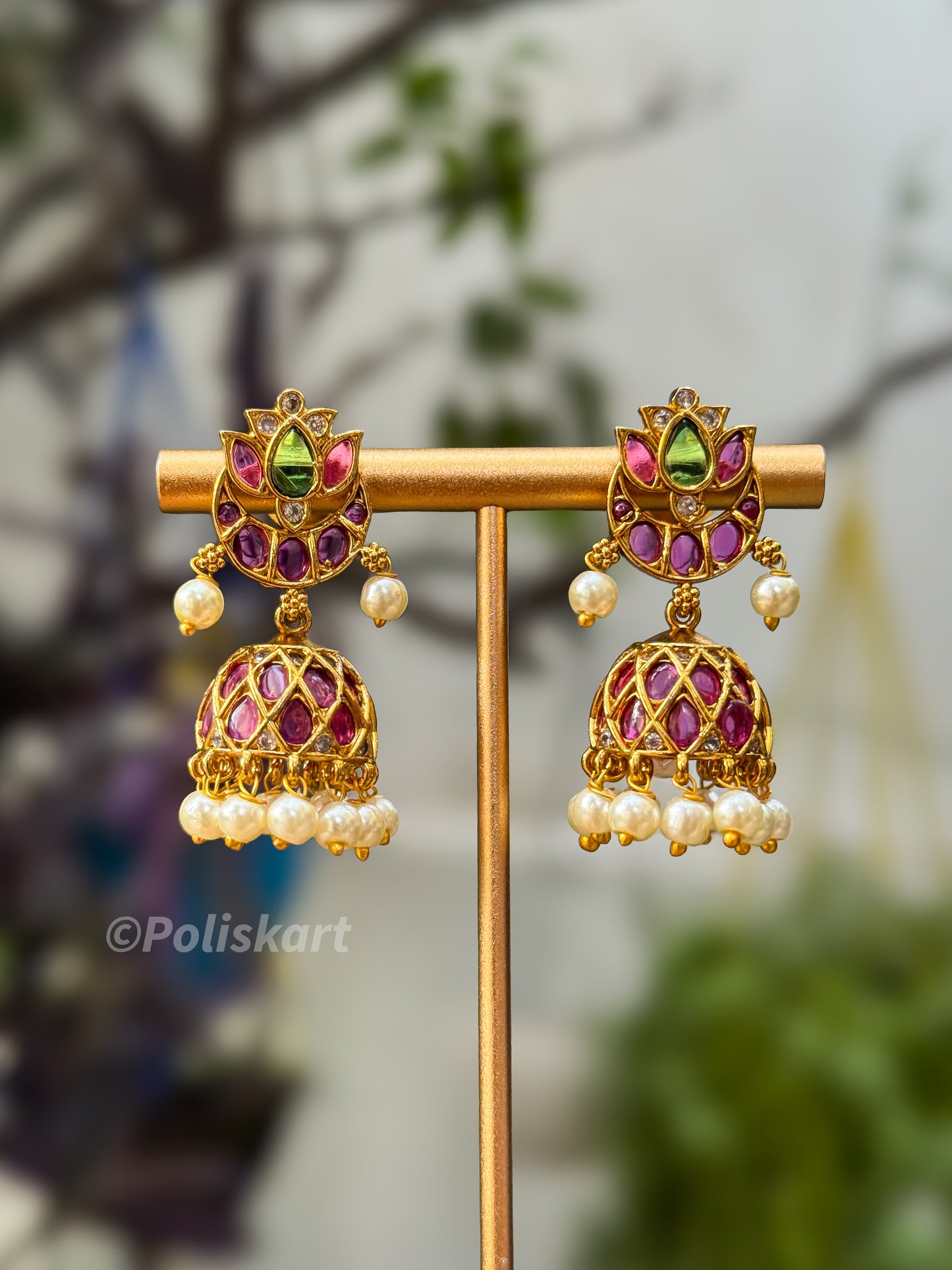 Green and ruby stone worked jhumka set