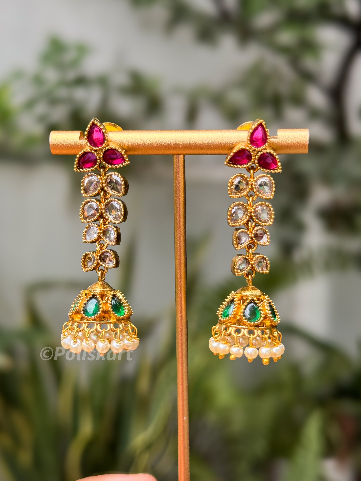 Green and ruby stone hanging jhumka set