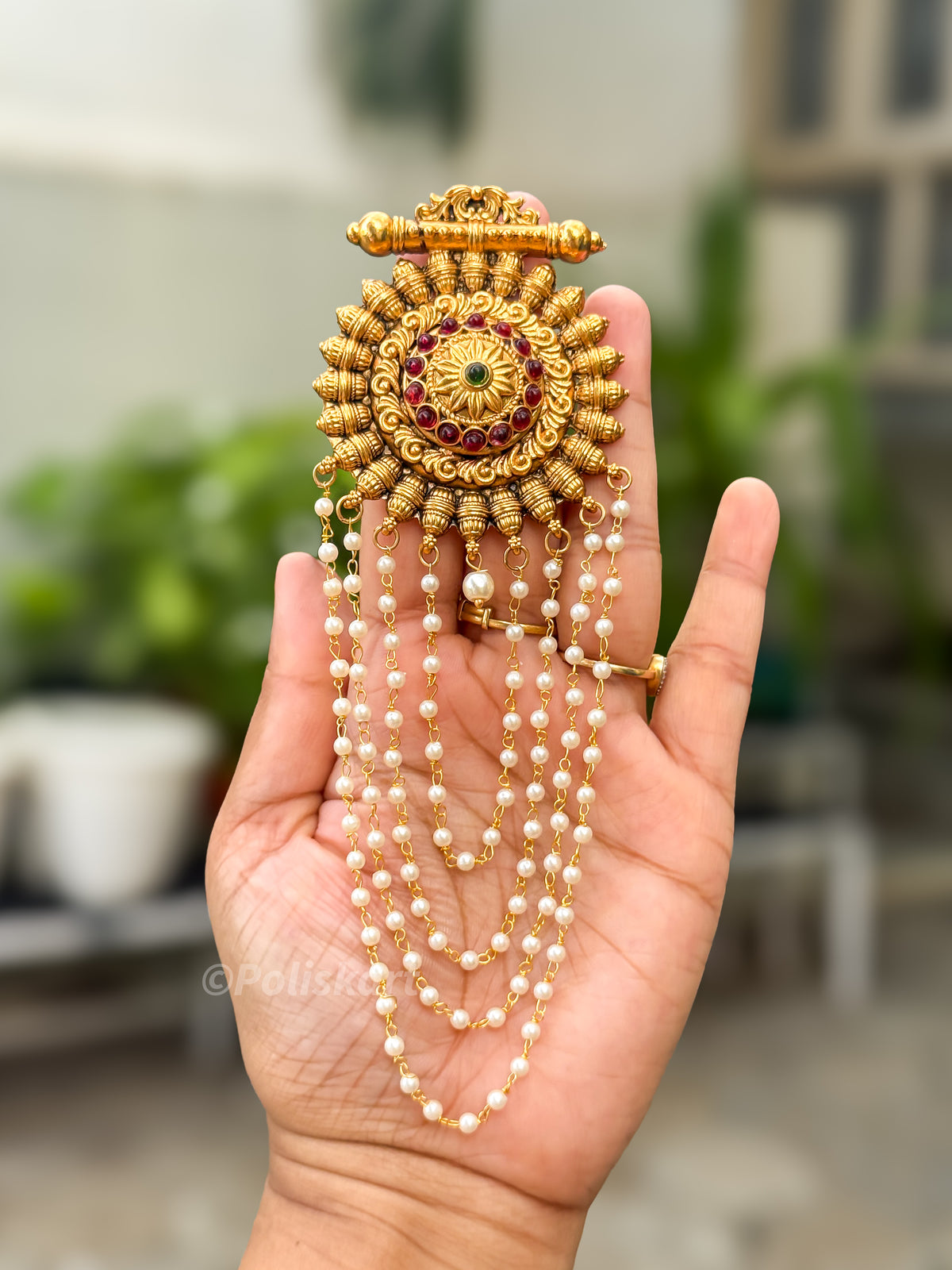PK299 - Hair brooch - Pearl worked chakra stone design