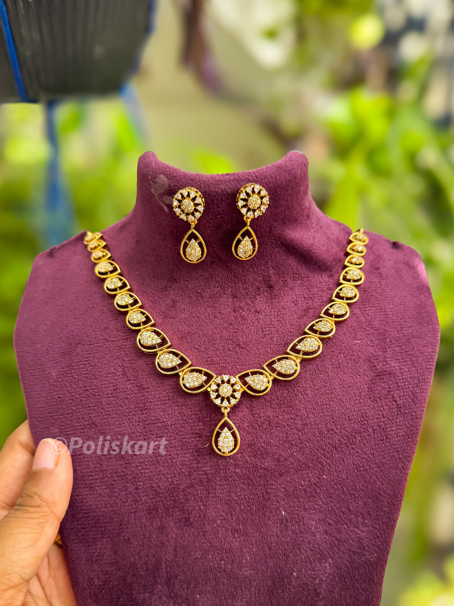 Diamond finished white stone necklace with earing