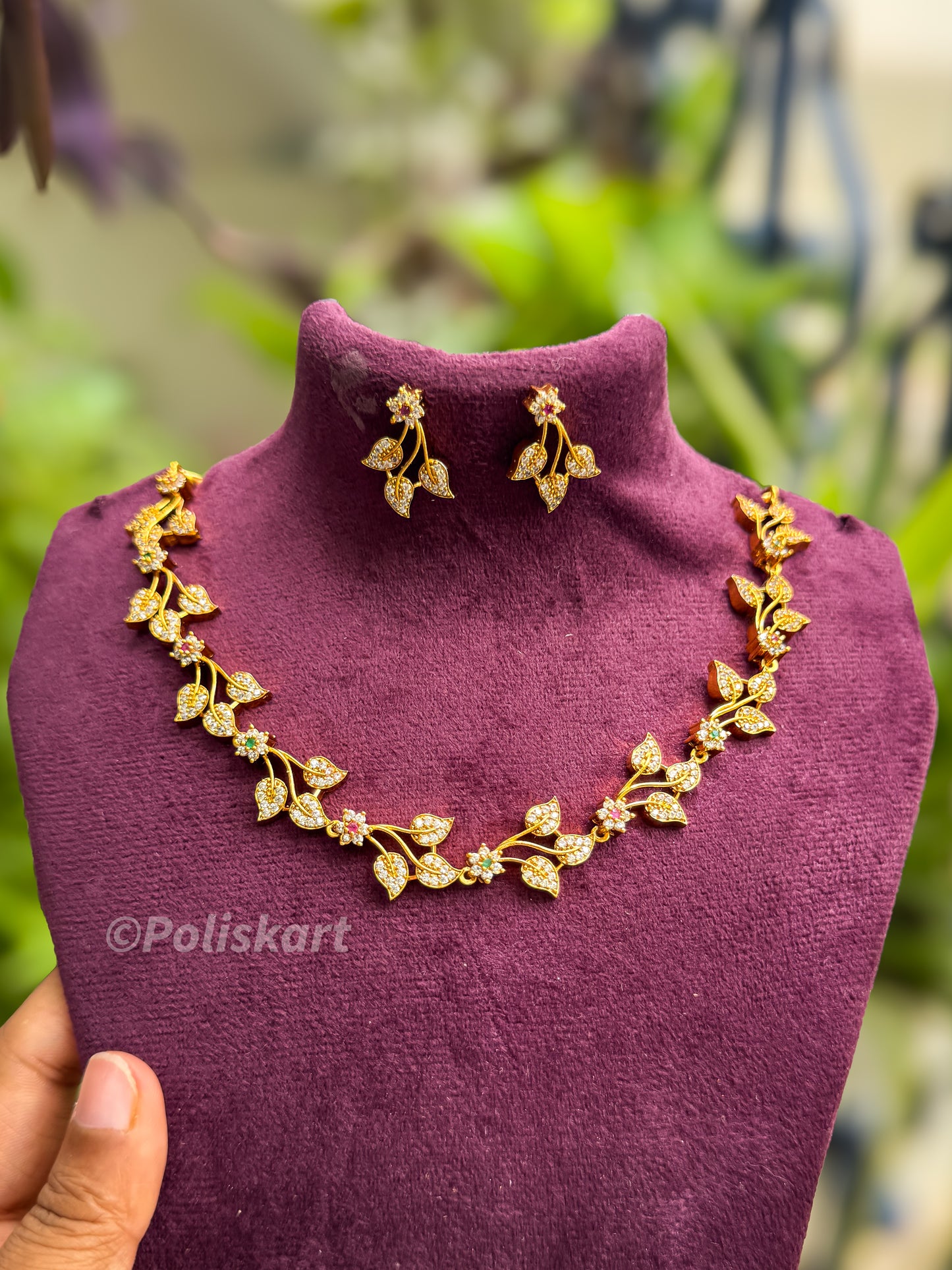 Diamond finished leaf design necklace with earing