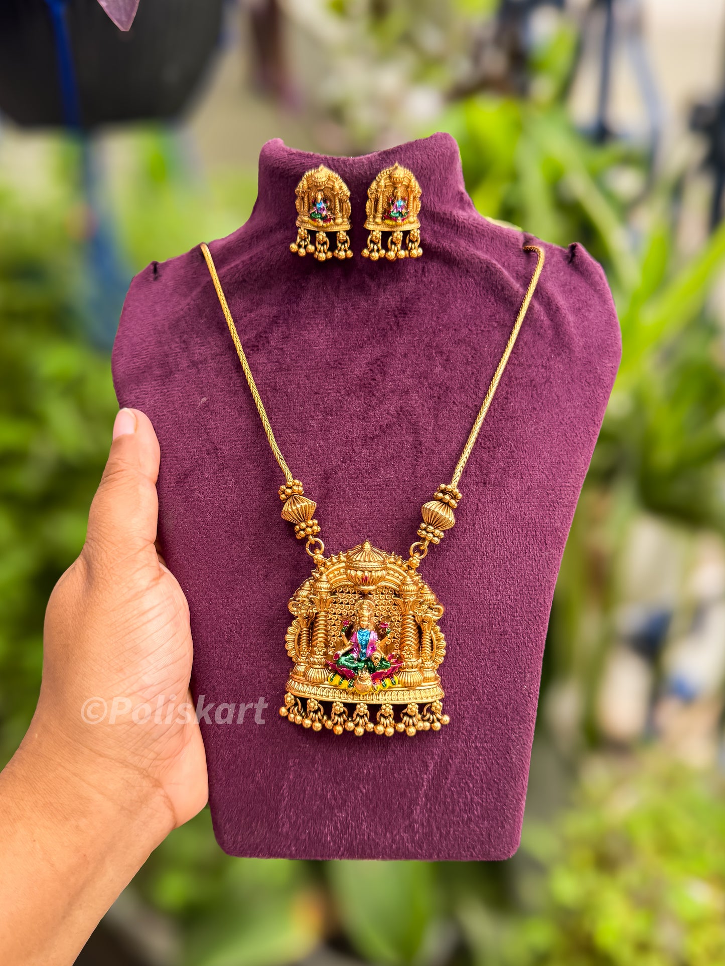 color enamel worked lakshmi pendant with chain and earing set
