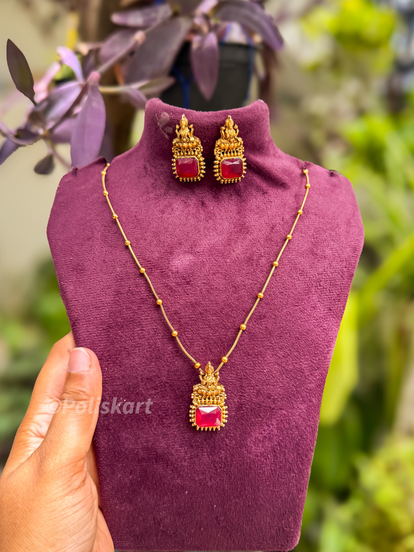 Simple Red stone lakshmi pendant with chain and earing