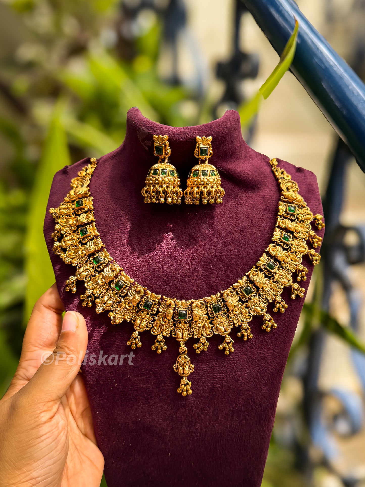 peacock and greens stone worked necklace with jhumka