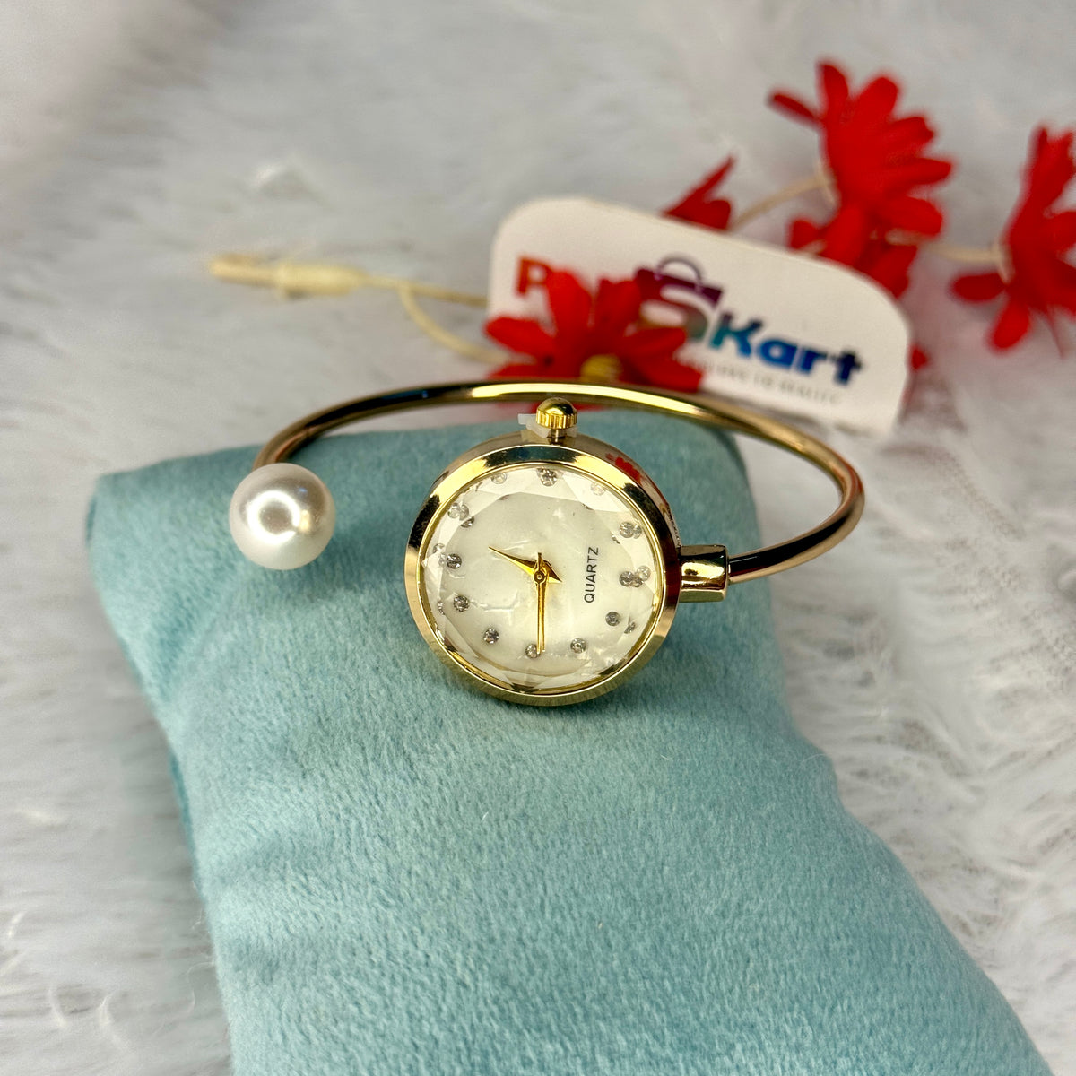 PK312 - Free size watch - circle white pearl worked design