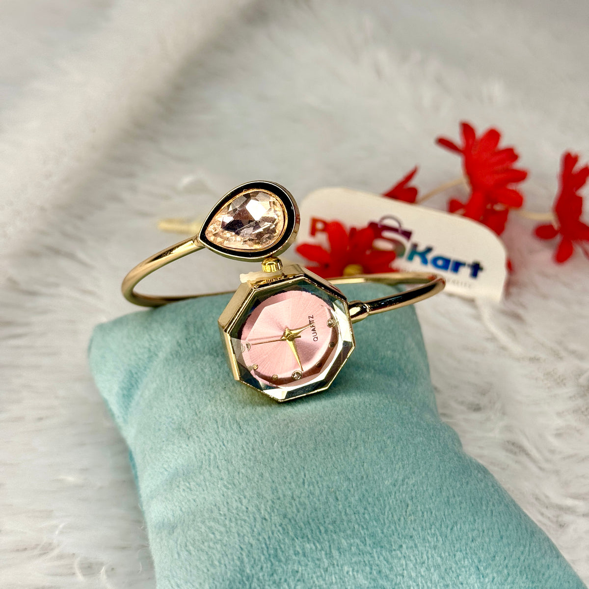 PK310 - Free size watch - Pink with Stone worked design