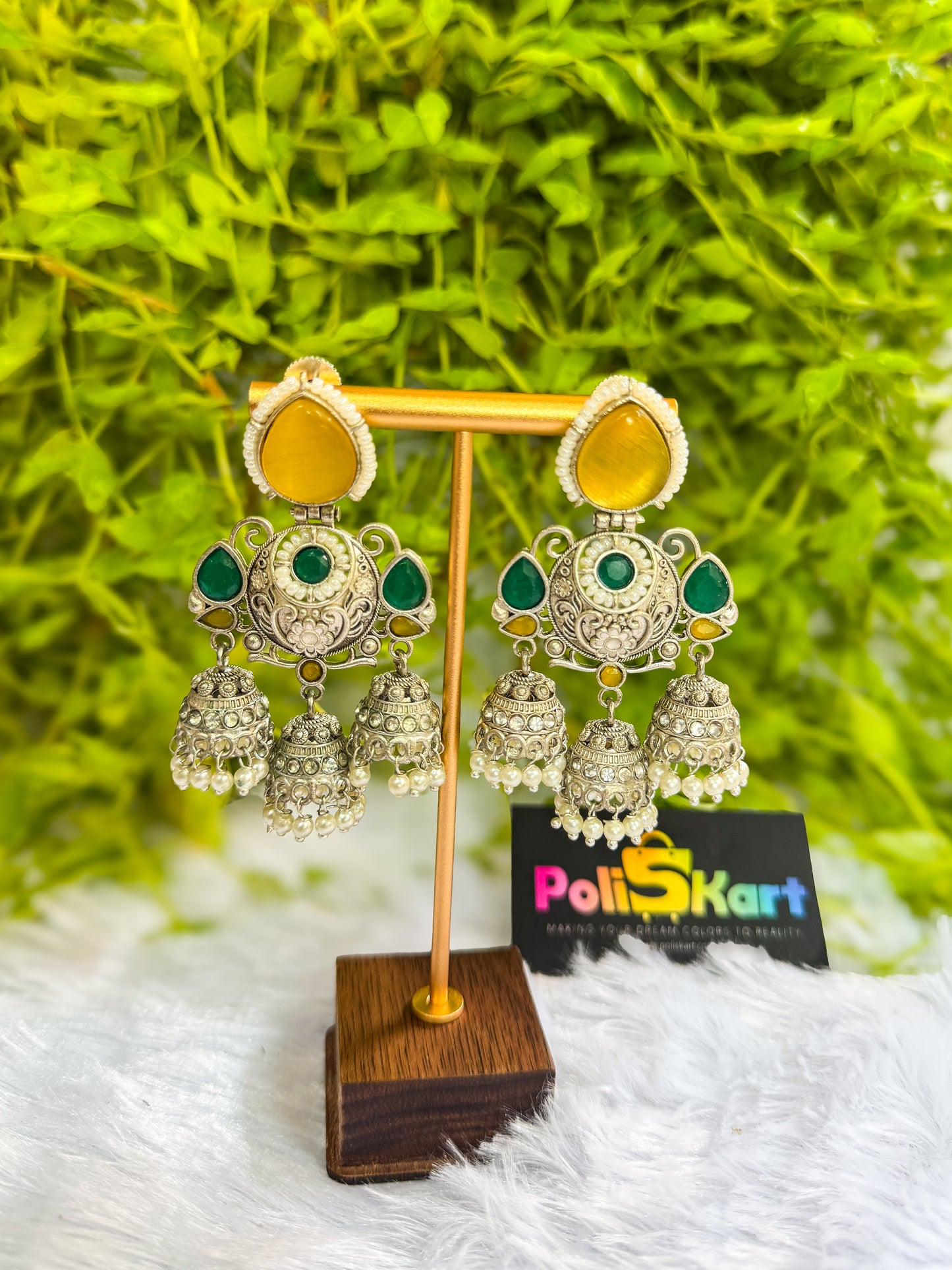 Yellow and green tripe jhumka set