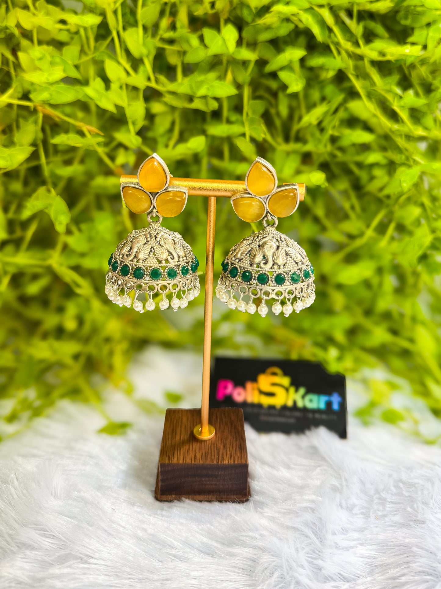 Yellow & Green leaf Jhumka set