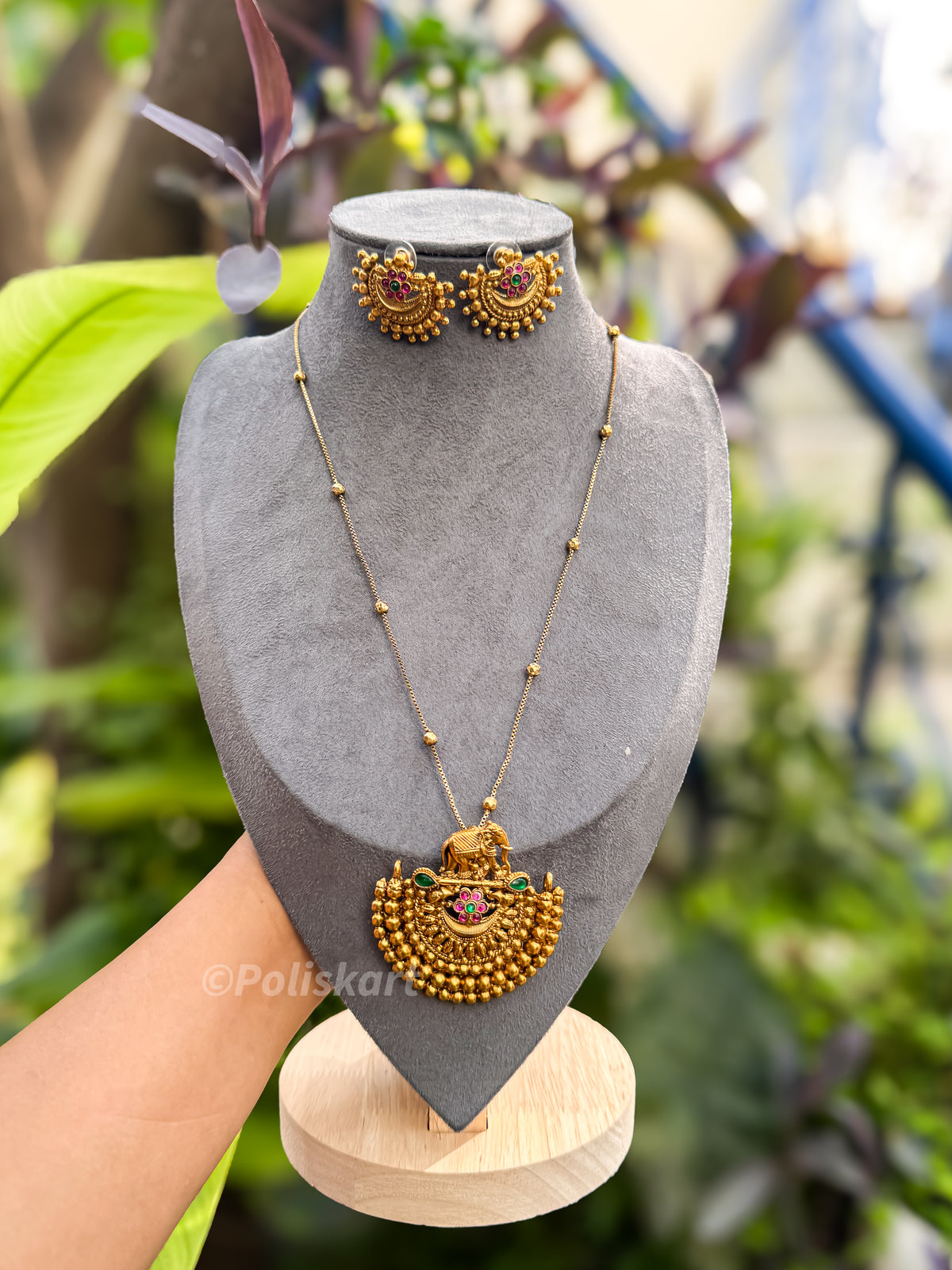 PK370 - Golden beads elephant pendent with chain and earing