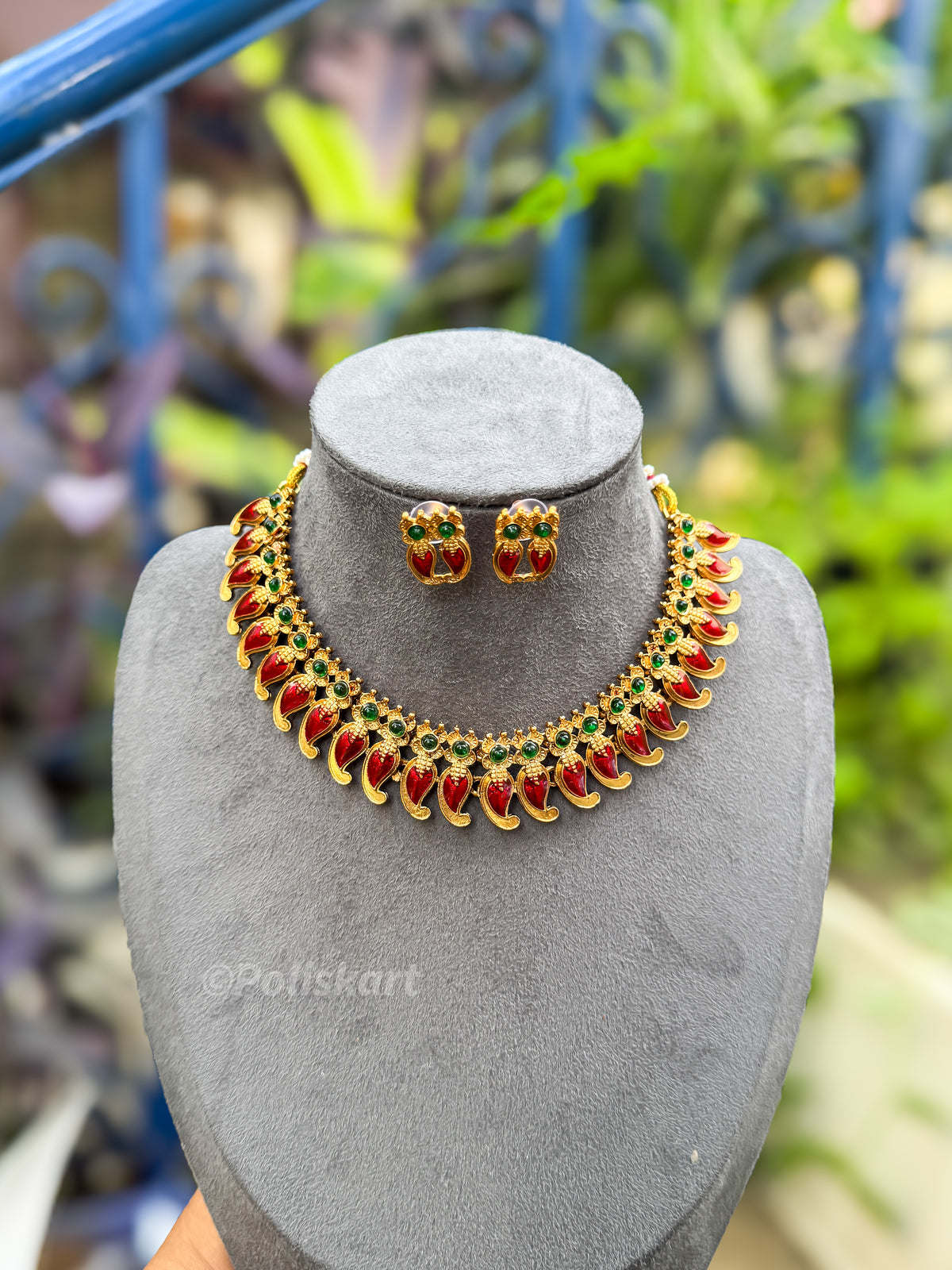 PK369 - Red palaka necklace with earing