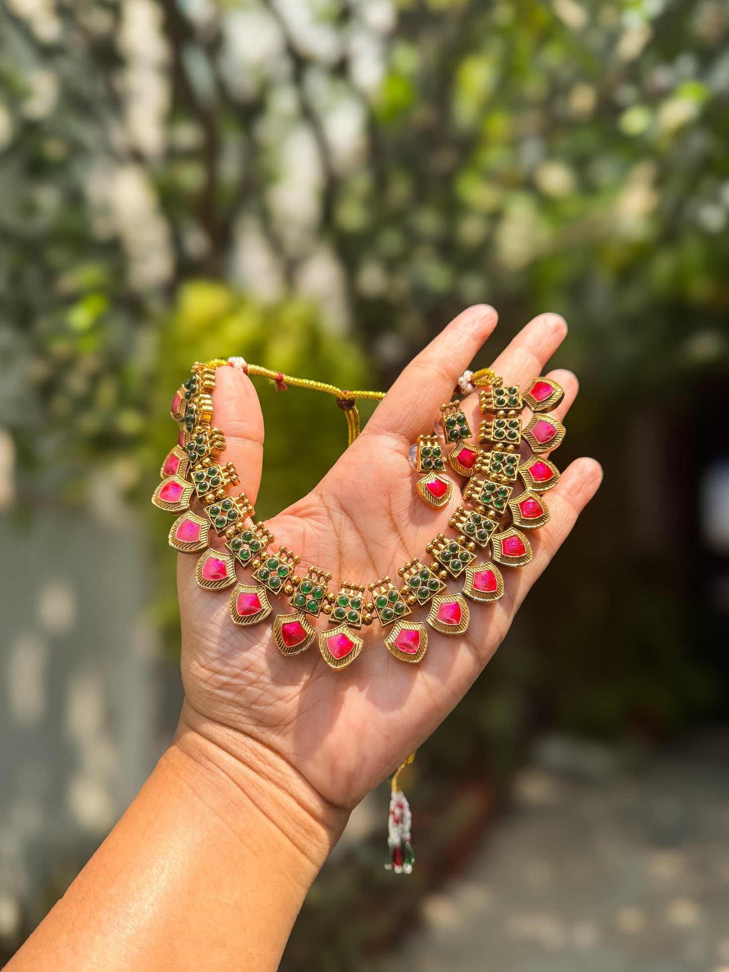 Rubi and green Palakka necklace with earring set