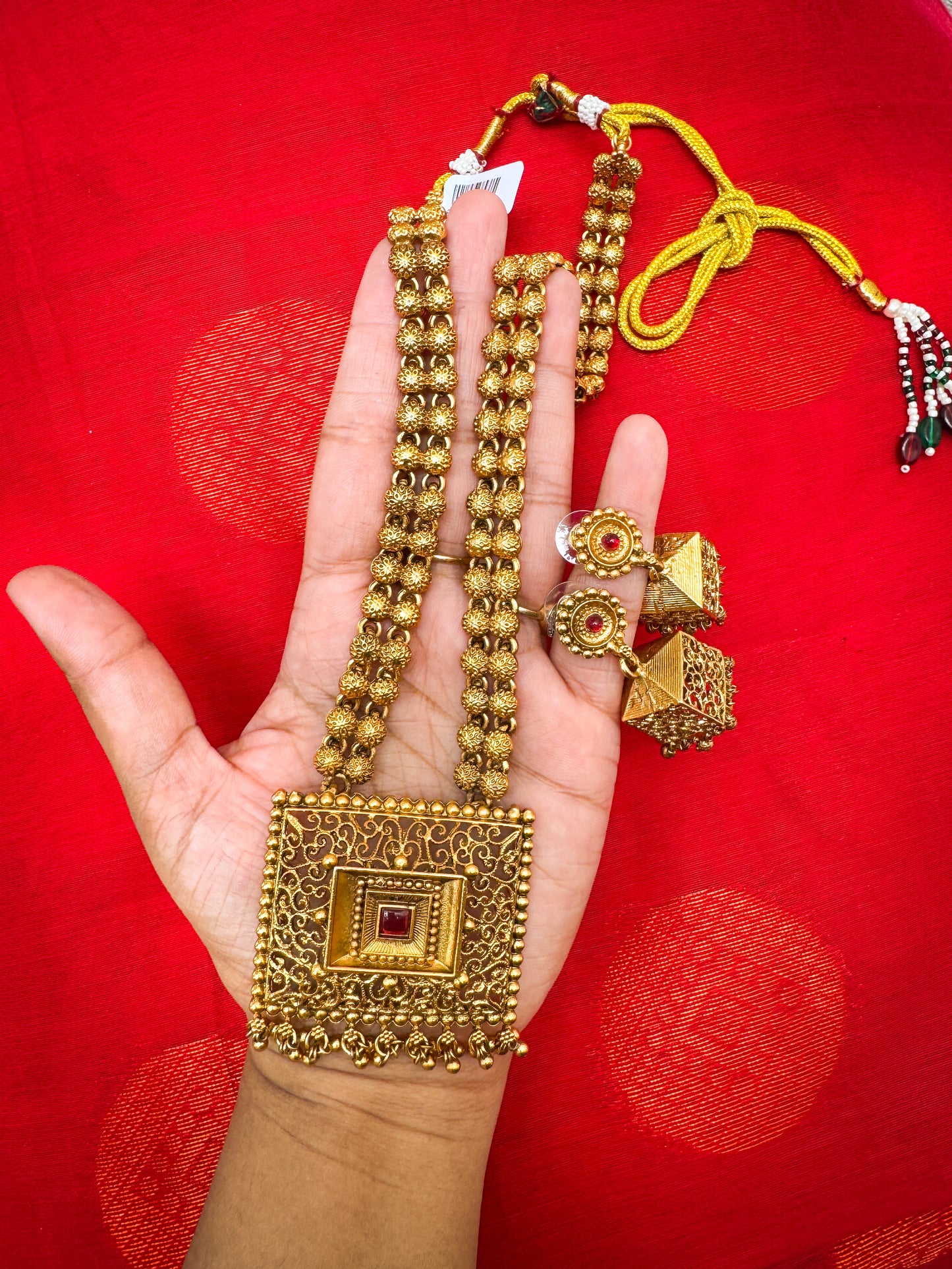 Kerala Style square pendant haram with jhumka set
