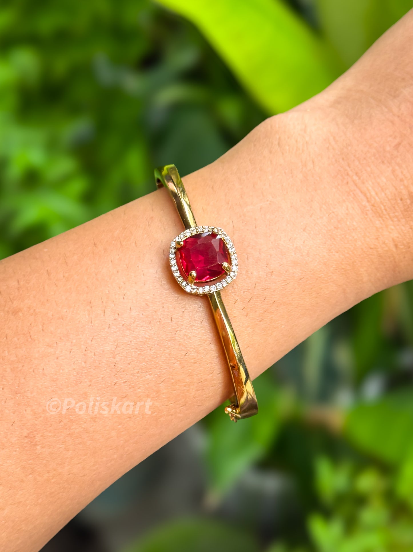 Free size cuff bangle Ruby and white stone worked